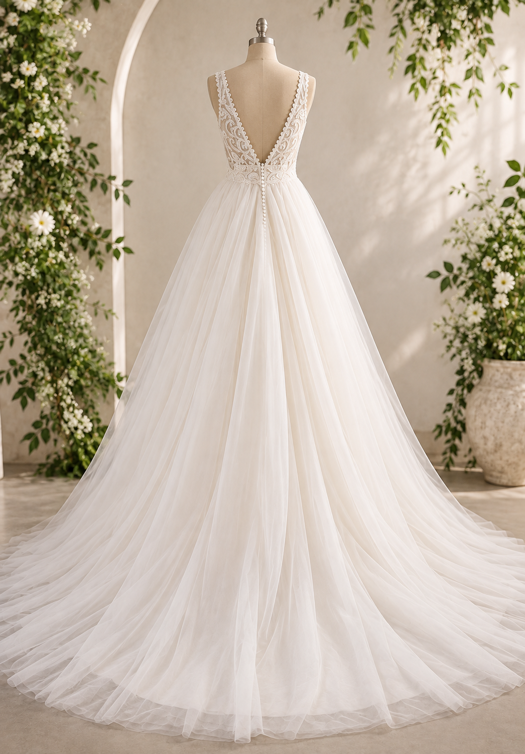 HF4190 Blush & ivory ball gown with a flowing tulle skirt and beautifully detailed lace bodice.