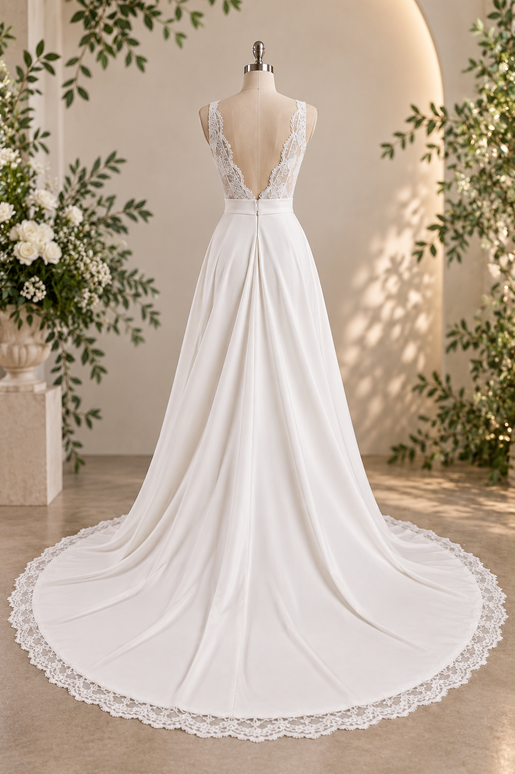 **Anzel – White Crepe & Lace Wedding Dress** An elegant white crepe A-line wedding dress featuring a classic V-neckline, delicate lace V-back and a beautiful long lace-edged train. 🤍