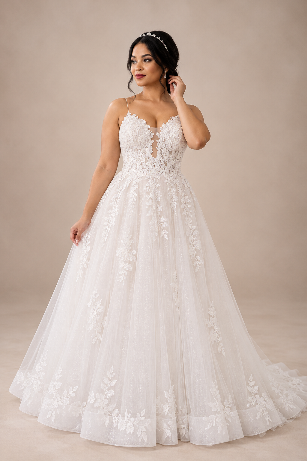 URSULA Elegant fitted crepe gown with a lace sweetheart bodice, flattering ruching, thigh-high slit and graceful train.