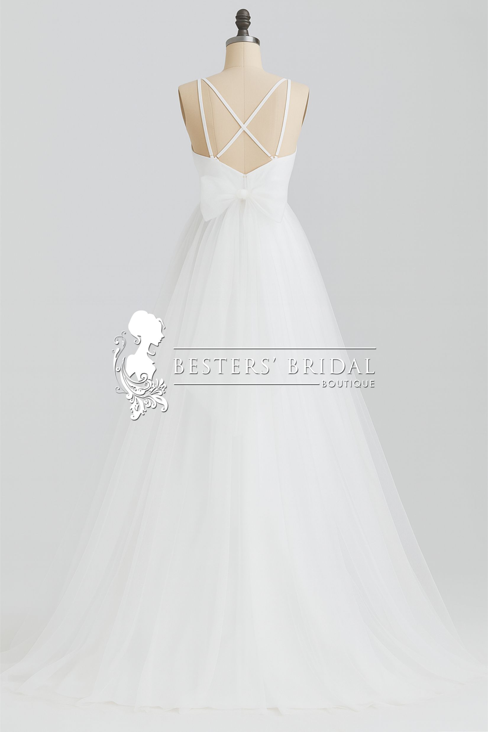 Delicate Bow Back Spaghetti Strap A-Line Wedding Dress with V-Neck
