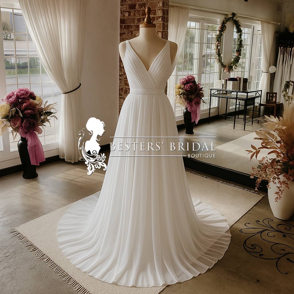 AYANDA Light as air. Gracefully timeless.  The Ayanda gown – meaning “they expand” or “growth” in Zulu – is a romantic dream for the bride who desires a soft and flowing silhouette. Crafted in layers of airy chiffon, this gown offers a light and elegant drape that moves effortlessly with every step.  Featuring a deep V pleated neckline, spaghetti straps, and a flattering fitted waistband, the gown cascades into a soft A-line skirt with a graceful train. The low V-back adds just the right amount of charm, making it perfect for a garden, beach, or summer wedding.