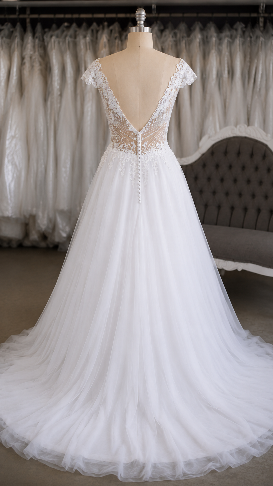 STEPHANIE Romantic A-line bridal gown featuring a delicate illusion lace bodice with an elegant deep V-neckline and cap sleeves. 