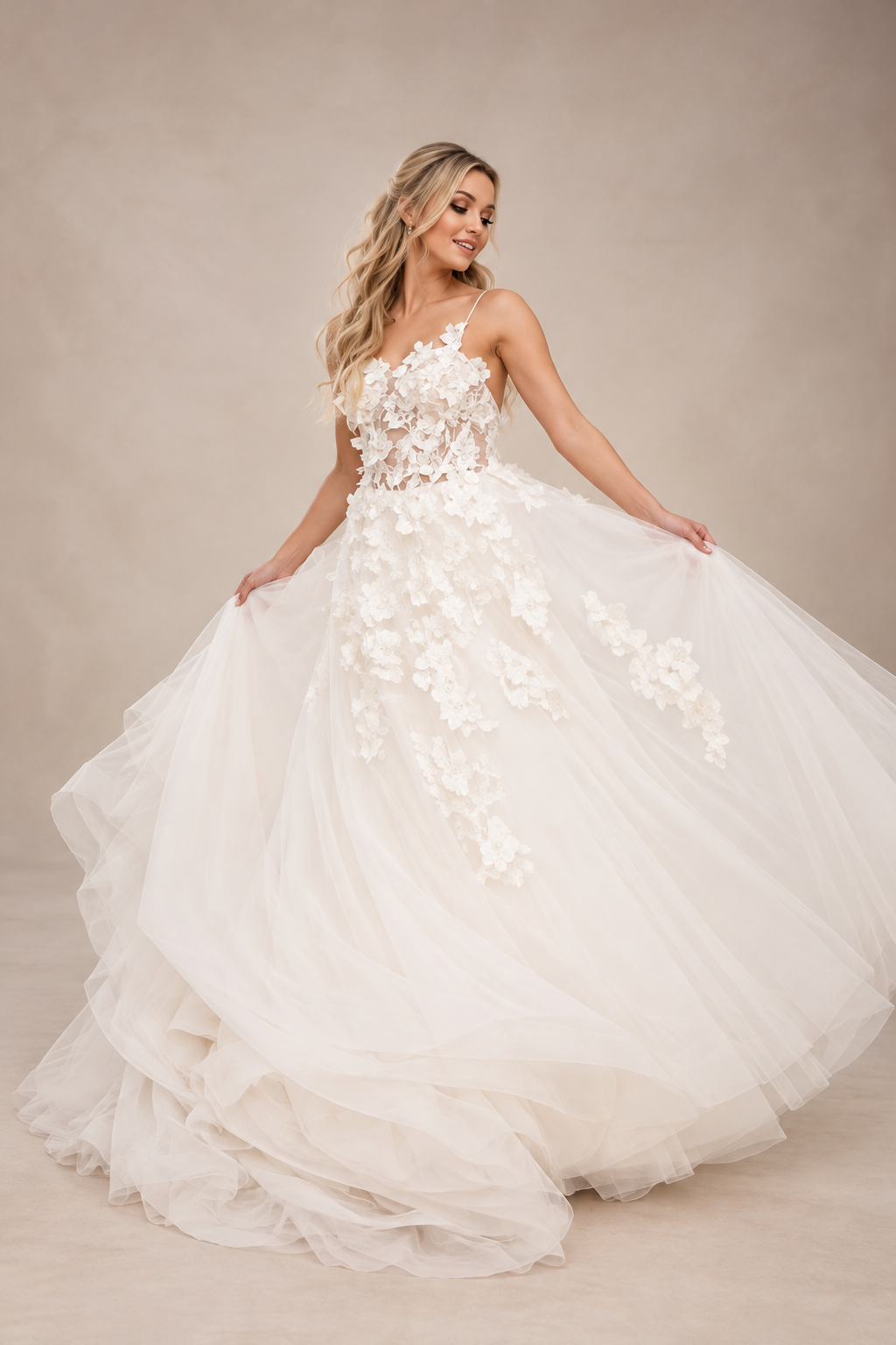 JOLENE A timeless mermaid wedding dress featuring a beautifully detailed lace bodice with a deep illusion V-neckline and delicate beaded straps. The sleek fitted silhouette flows effortlessly into a soft flared skirt and graceful lace-edged train
