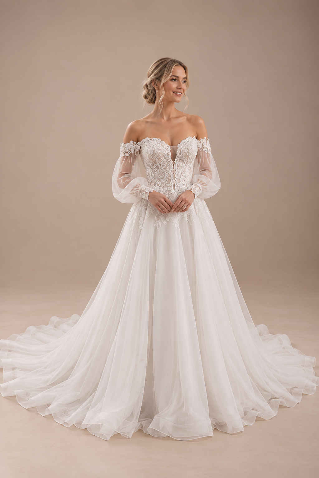 JOLENE A timeless mermaid wedding dress featuring a beautifully detailed lace bodice with a deep illusion V-neckline and delicate beaded straps. The sleek fitted silhouette flows effortlessly into a soft flared skirt and graceful lace-edged train