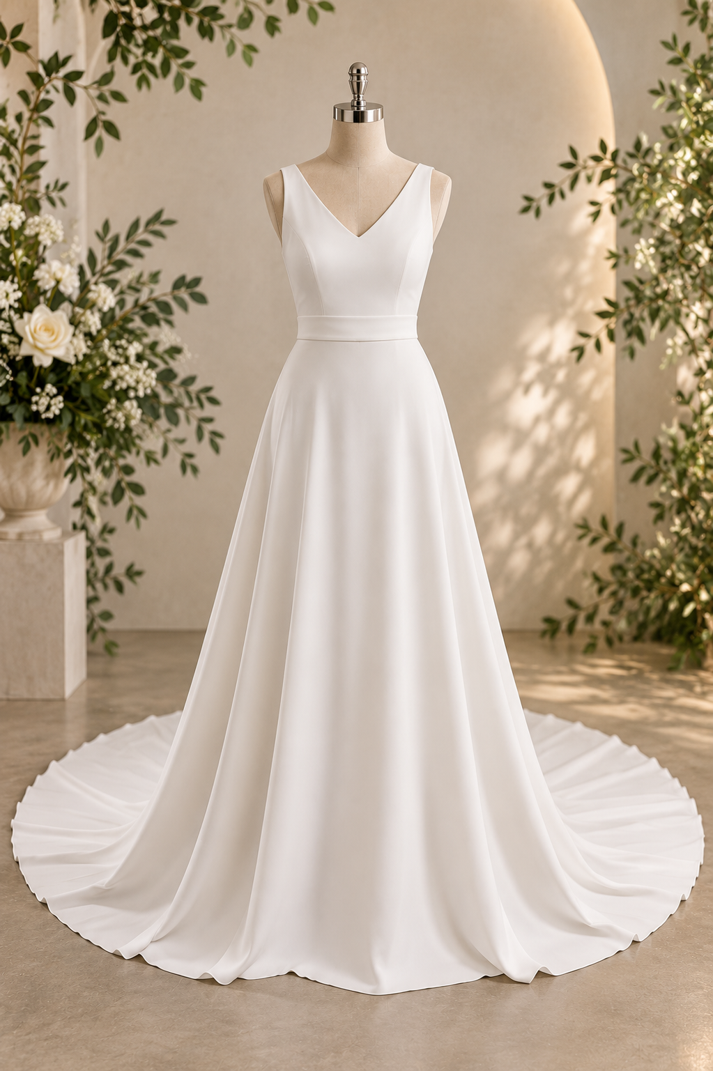 **Anzel – White Crepe & Lace Wedding Dress** An elegant white crepe A-line wedding dress featuring a classic V-neckline, delicate lace V-back and a beautiful long lace-edged train. 🤍
