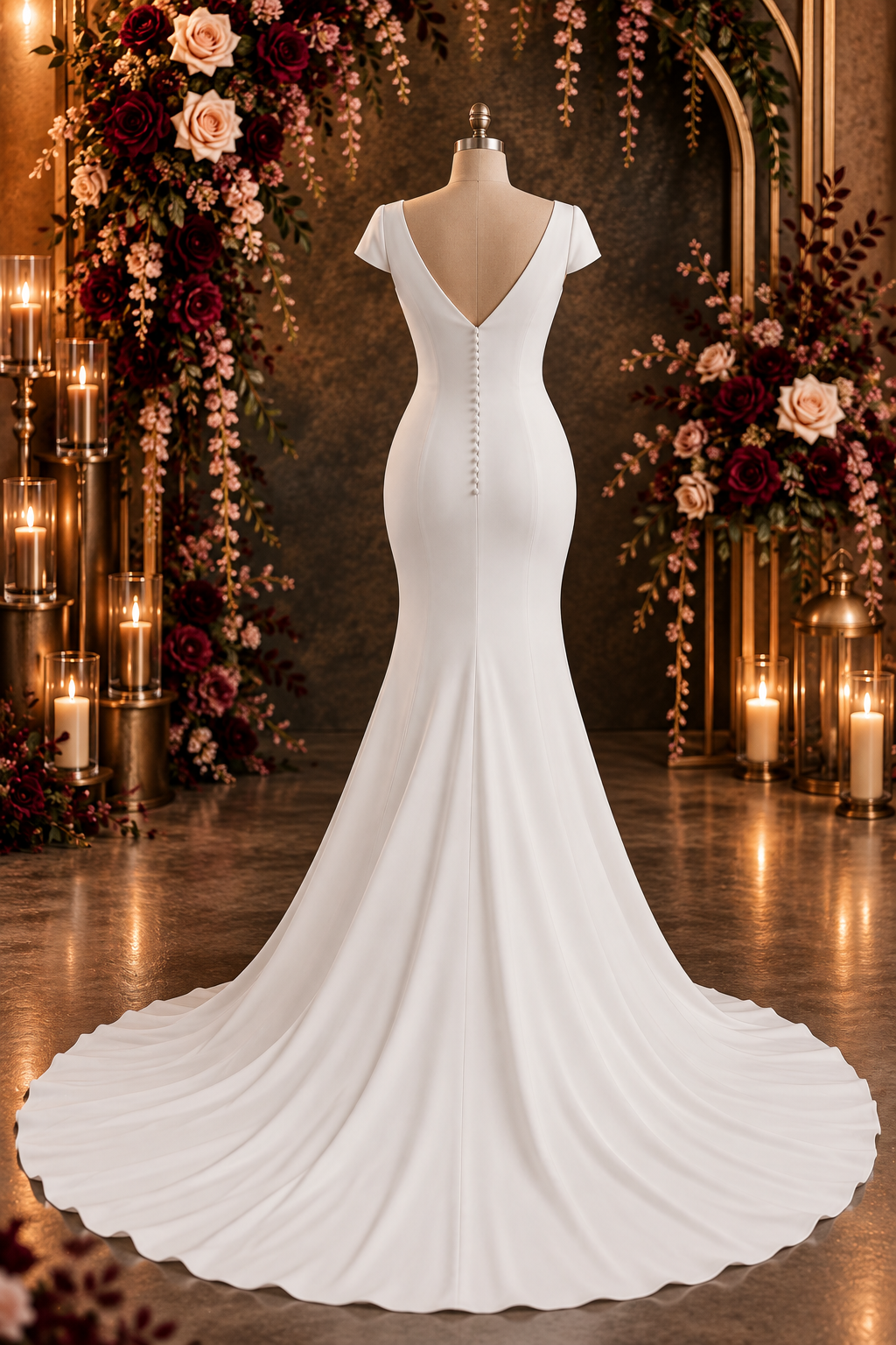 dominique Elegant off-white wedding dress featuring a structured crepe sweetheart bodice with statement shoulder ties and a full botanical lace A-line skirt with a beautiful flowing train.