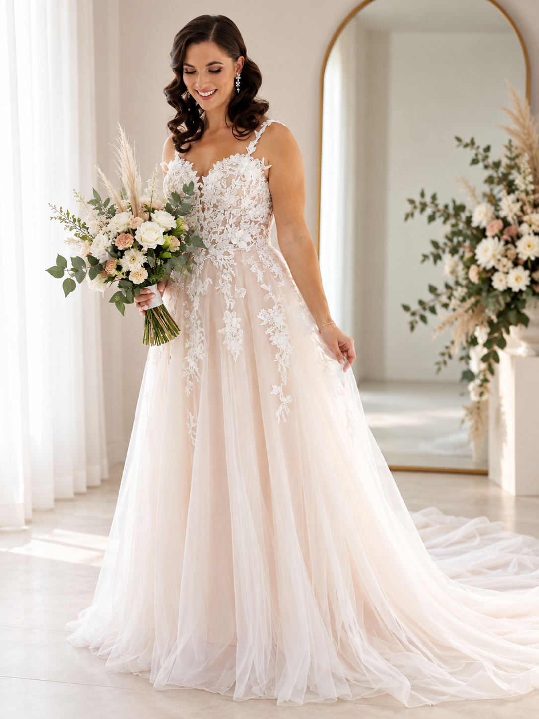 URSULA Elegant fitted crepe gown with a lace sweetheart bodice, flattering ruching, thigh-high slit and graceful train.
