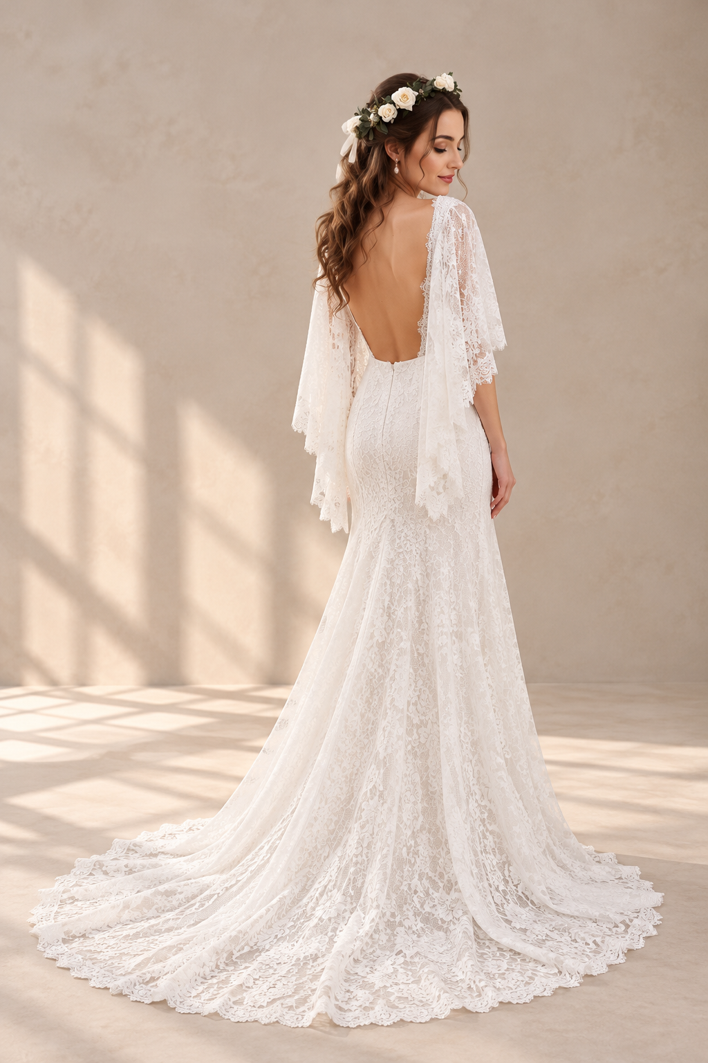 JOLENE A timeless mermaid wedding dress featuring a beautifully detailed lace bodice with a deep illusion V-neckline and delicate beaded straps. The sleek fitted silhouette flows effortlessly into a soft flared skirt and graceful lace-edged train