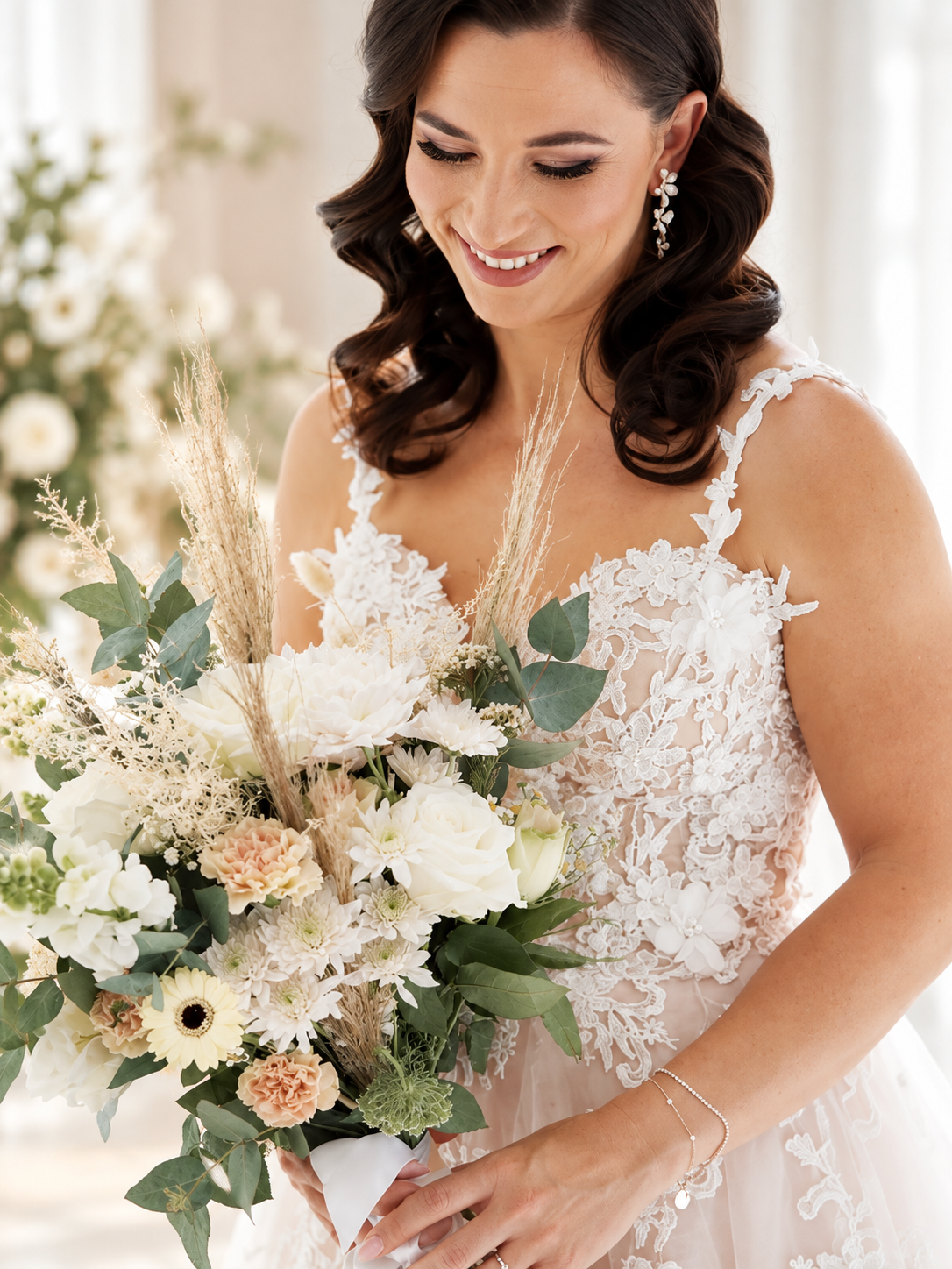 URSULA Elegant fitted crepe gown with a lace sweetheart bodice, flattering ruching, thigh-high slit and graceful train.