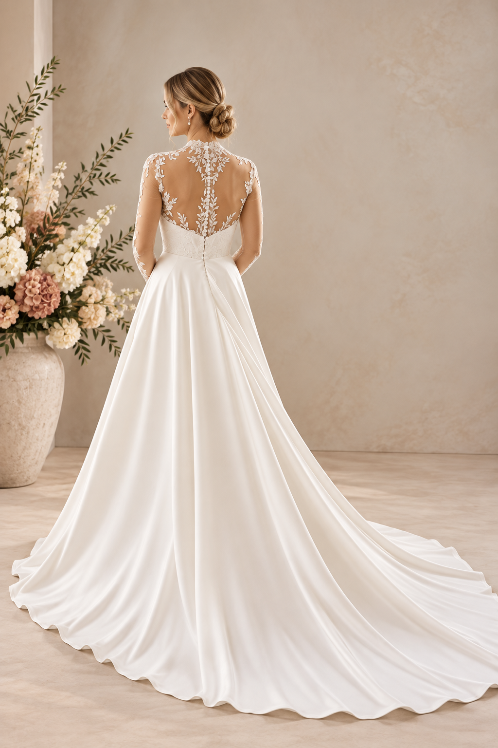 JOLENE A timeless mermaid wedding dress featuring a beautifully detailed lace bodice with a deep illusion V-neckline and delicate beaded straps. The sleek fitted silhouette flows effortlessly into a soft flared skirt and graceful lace-edged train