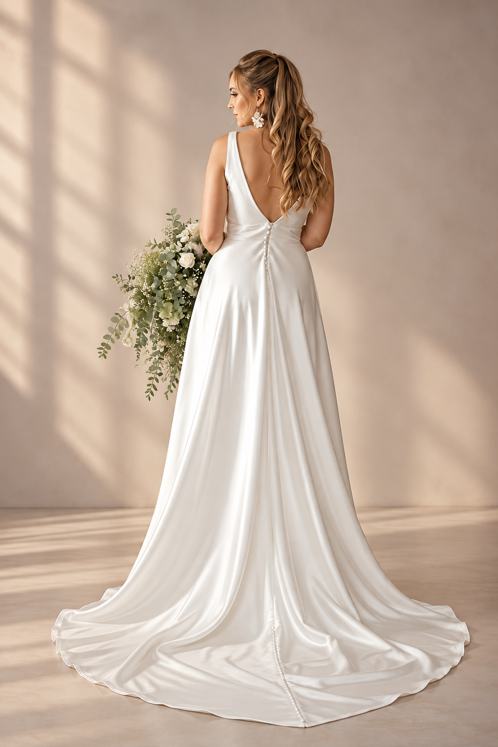 JOLENE A timeless mermaid wedding dress featuring a beautifully detailed lace bodice with a deep illusion V-neckline and delicate beaded straps. The sleek fitted silhouette flows effortlessly into a soft flared skirt and graceful lace-edged train