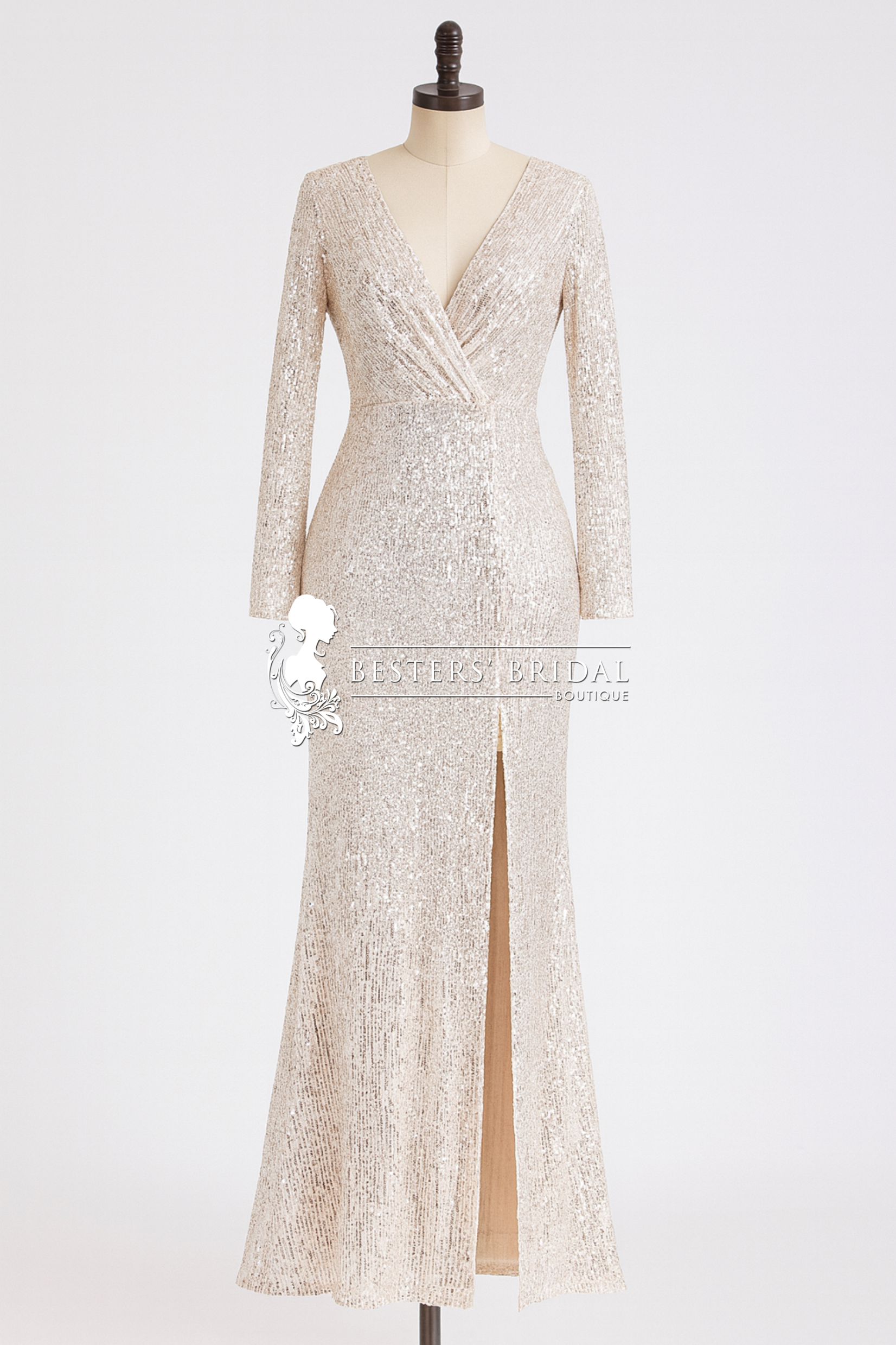 NYX Shiny V Neck Sequin Evening Party Dress with Long Sleeve