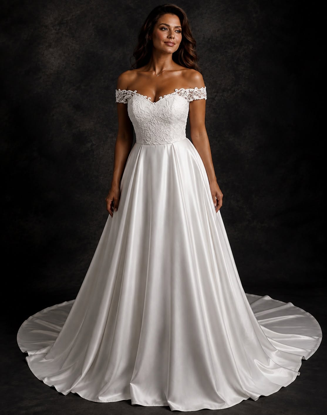 URSULA Elegant fitted crepe gown with a lace sweetheart bodice, flattering ruching, thigh-high slit and graceful train.