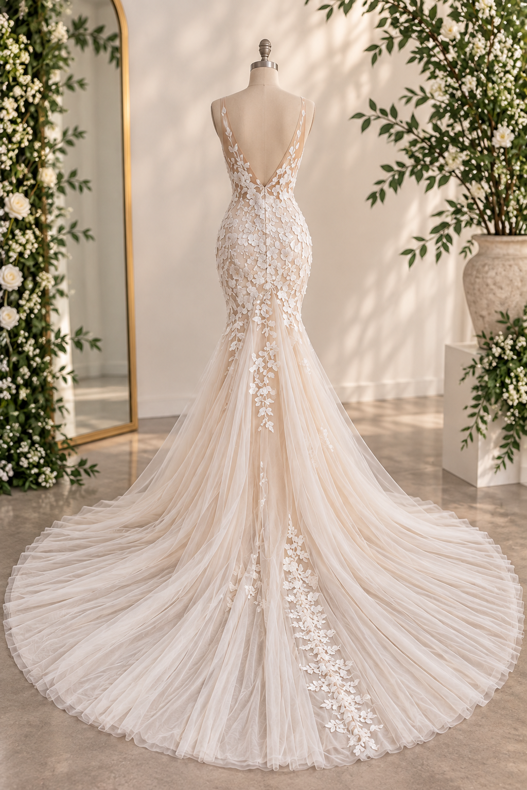 HF4258 Blush illusion bodice with ivory 3D floral lace, delicate straps and a deep plunging neckline.