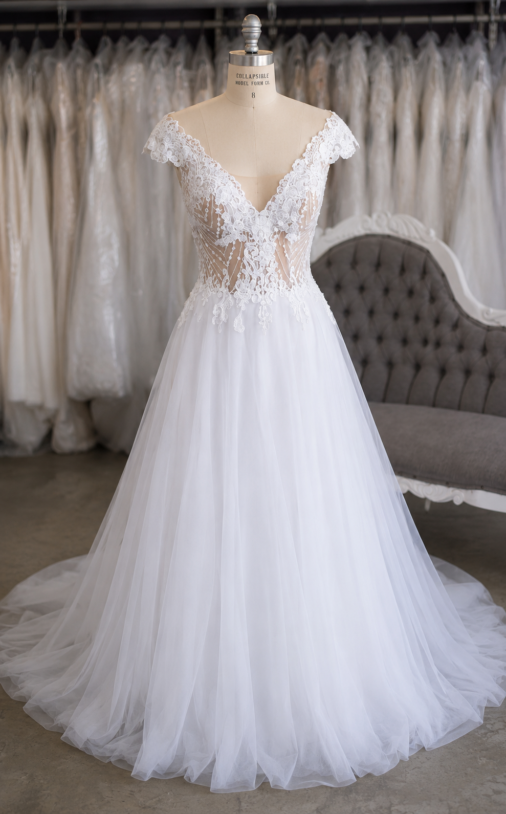 STEPHANIE Romantic A-line bridal gown featuring a delicate illusion lace bodice with an elegant deep V-neckline and cap sleeves. 