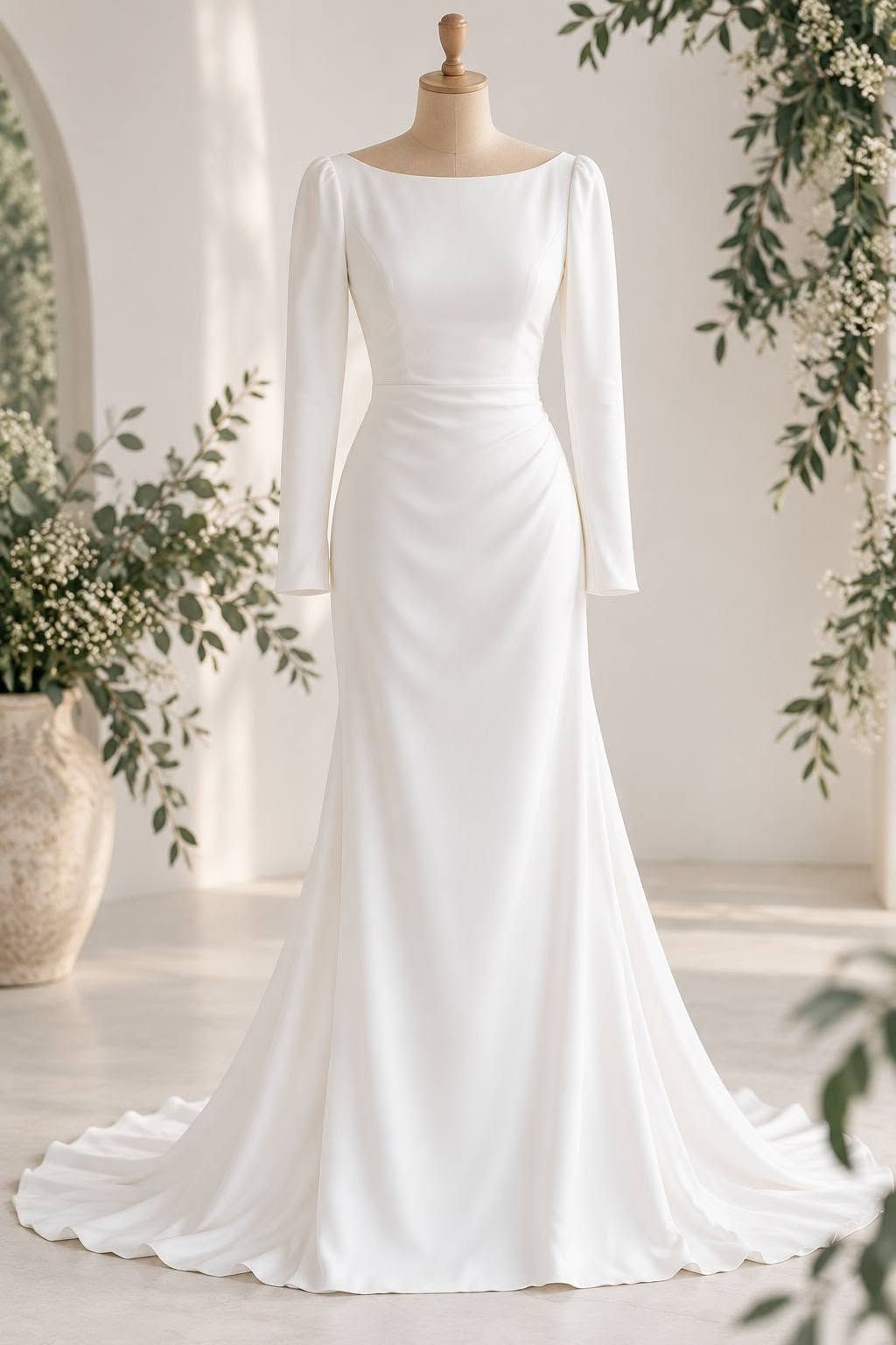 URSULA Elegant fitted crepe gown with a lace sweetheart bodice, flattering ruching, thigh-high slit and graceful train. 