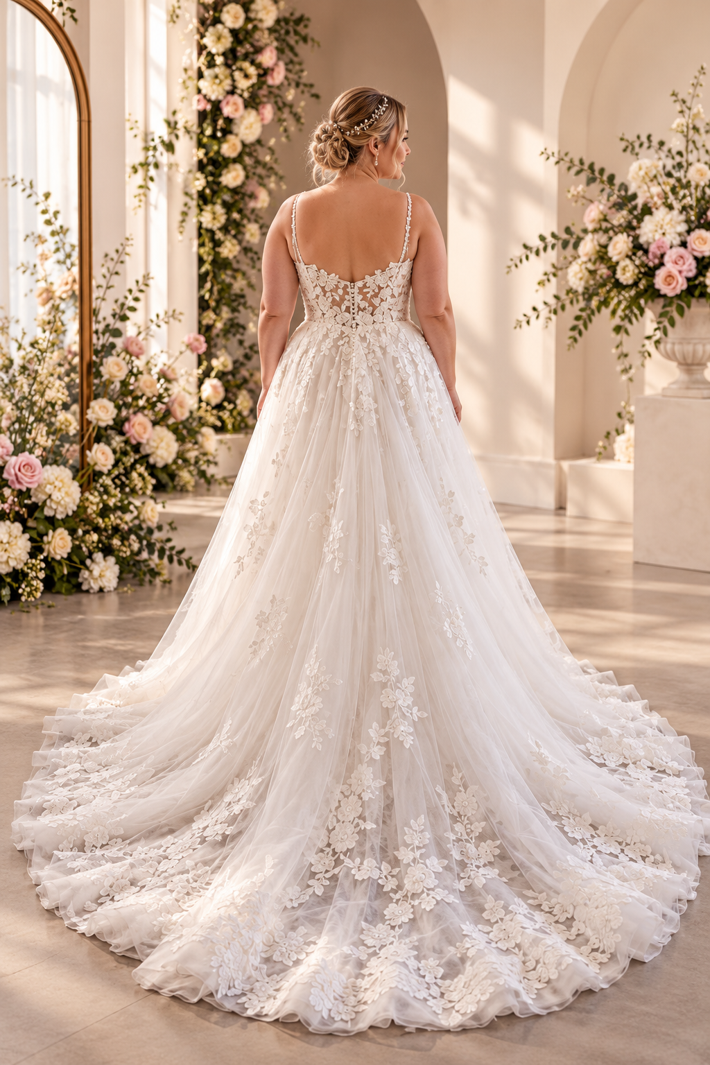 URSULA Elegant fitted crepe gown with a lace sweetheart bodice, flattering ruching, thigh-high slit and graceful train.