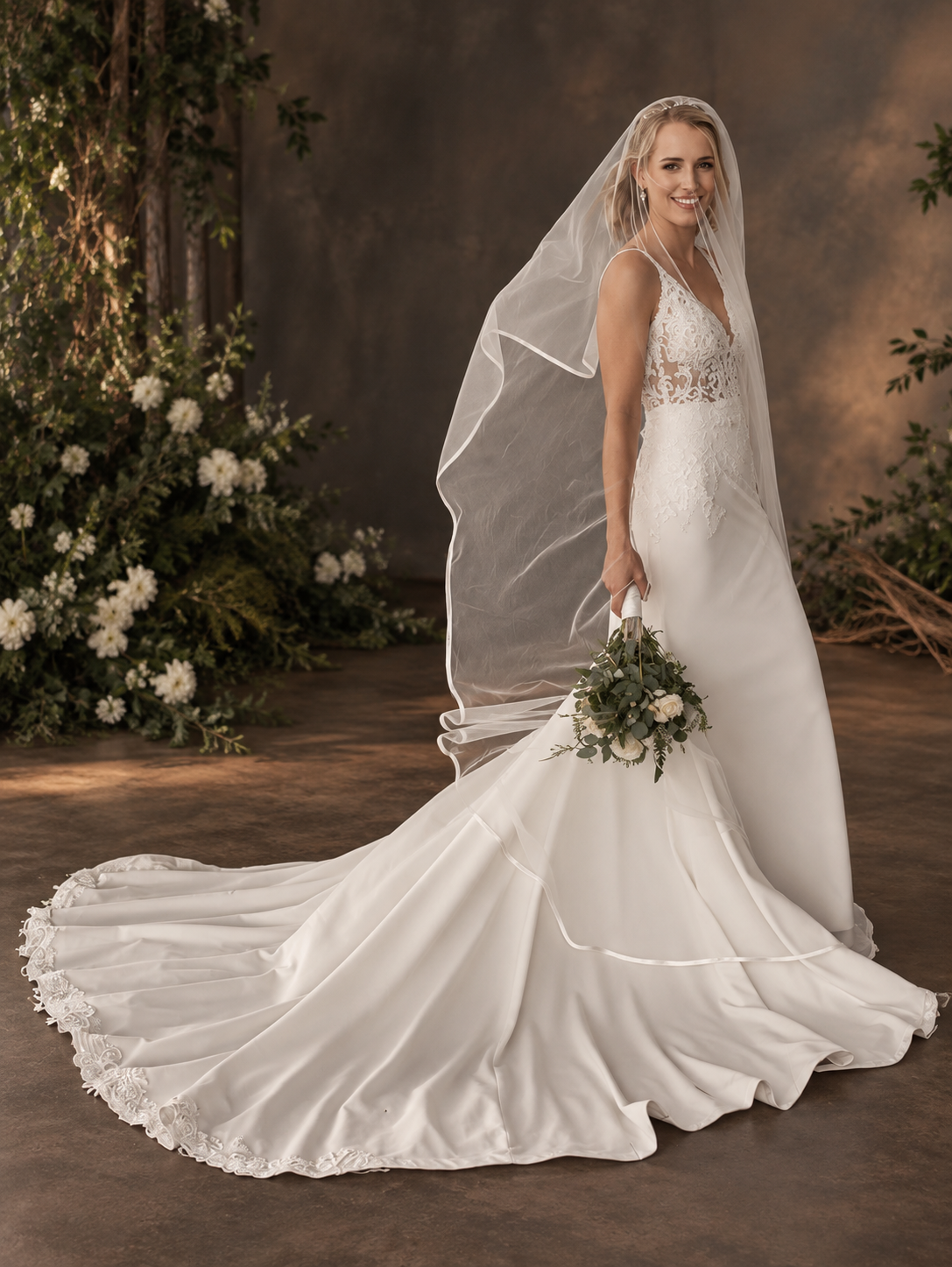URSULA Elegant fitted crepe gown with a lace sweetheart bodice, flattering ruching, thigh-high slit and graceful train.
