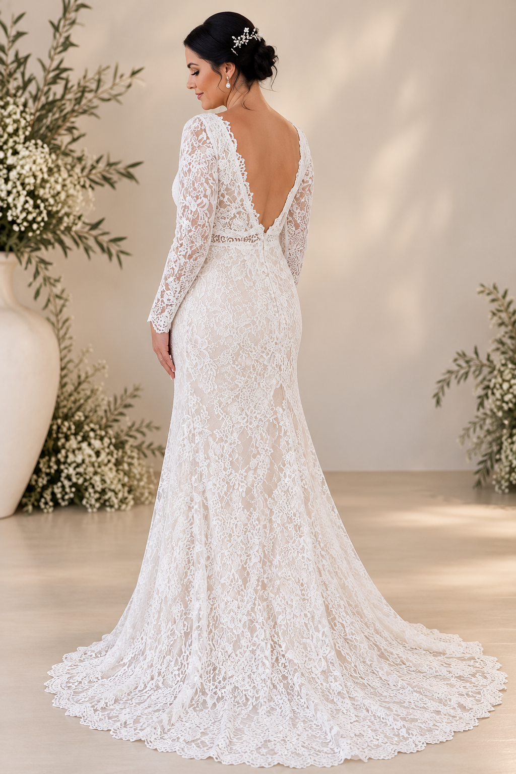 URSULA Elegant fitted crepe gown with a lace sweetheart bodice, flattering ruching, thigh-high slit and graceful train.