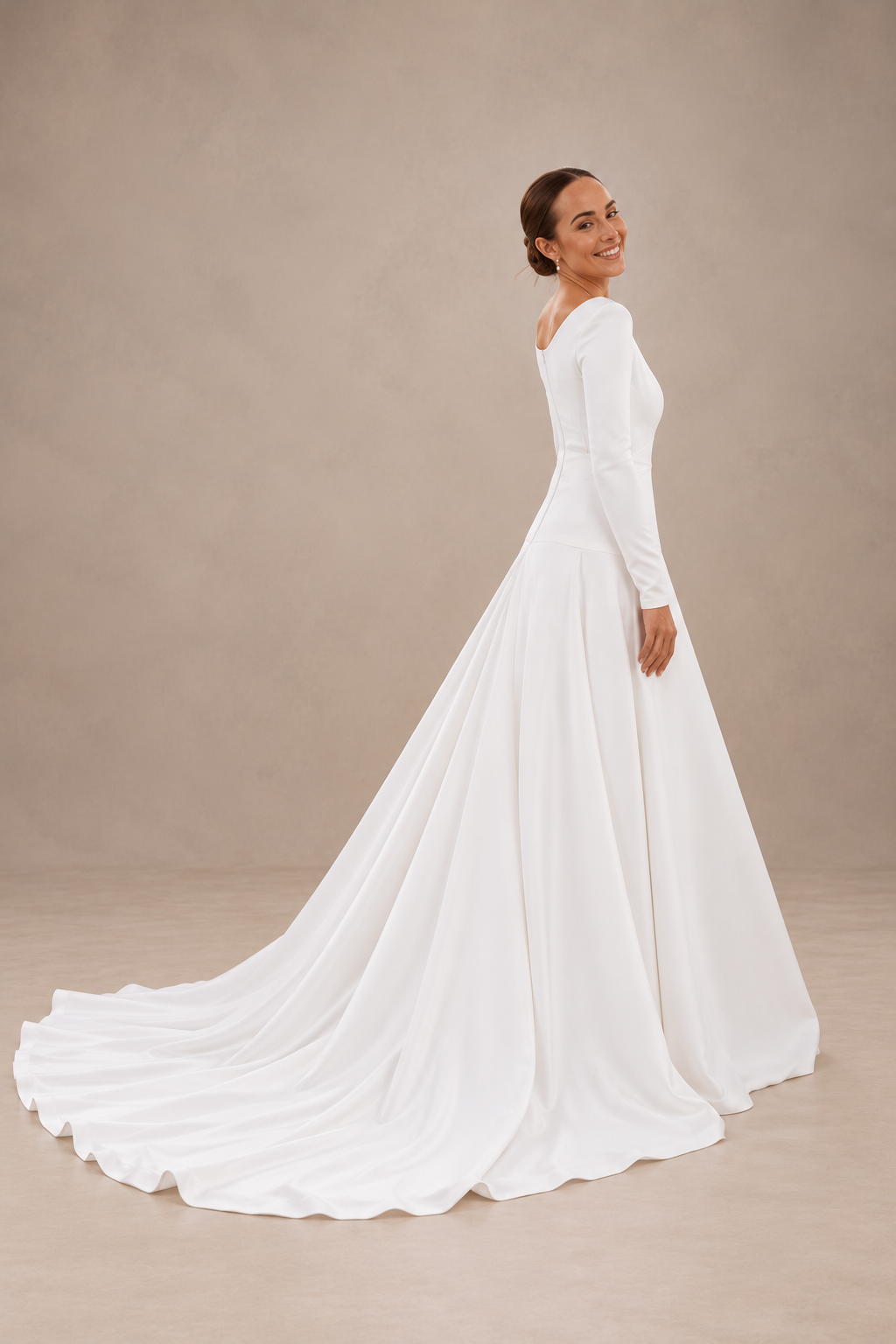 URSULA Elegant fitted crepe gown with a lace sweetheart bodice, flattering ruching, thigh-high slit and graceful train.