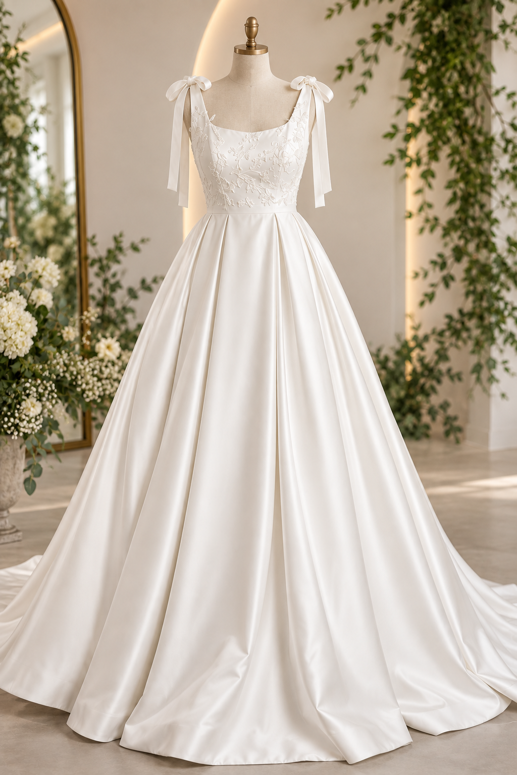 Danielle : **Danielle** – An elegant off-white satin A-line wedding dress with delicate lace detailing, romantic shoulder bows and a beautiful low scoop back.