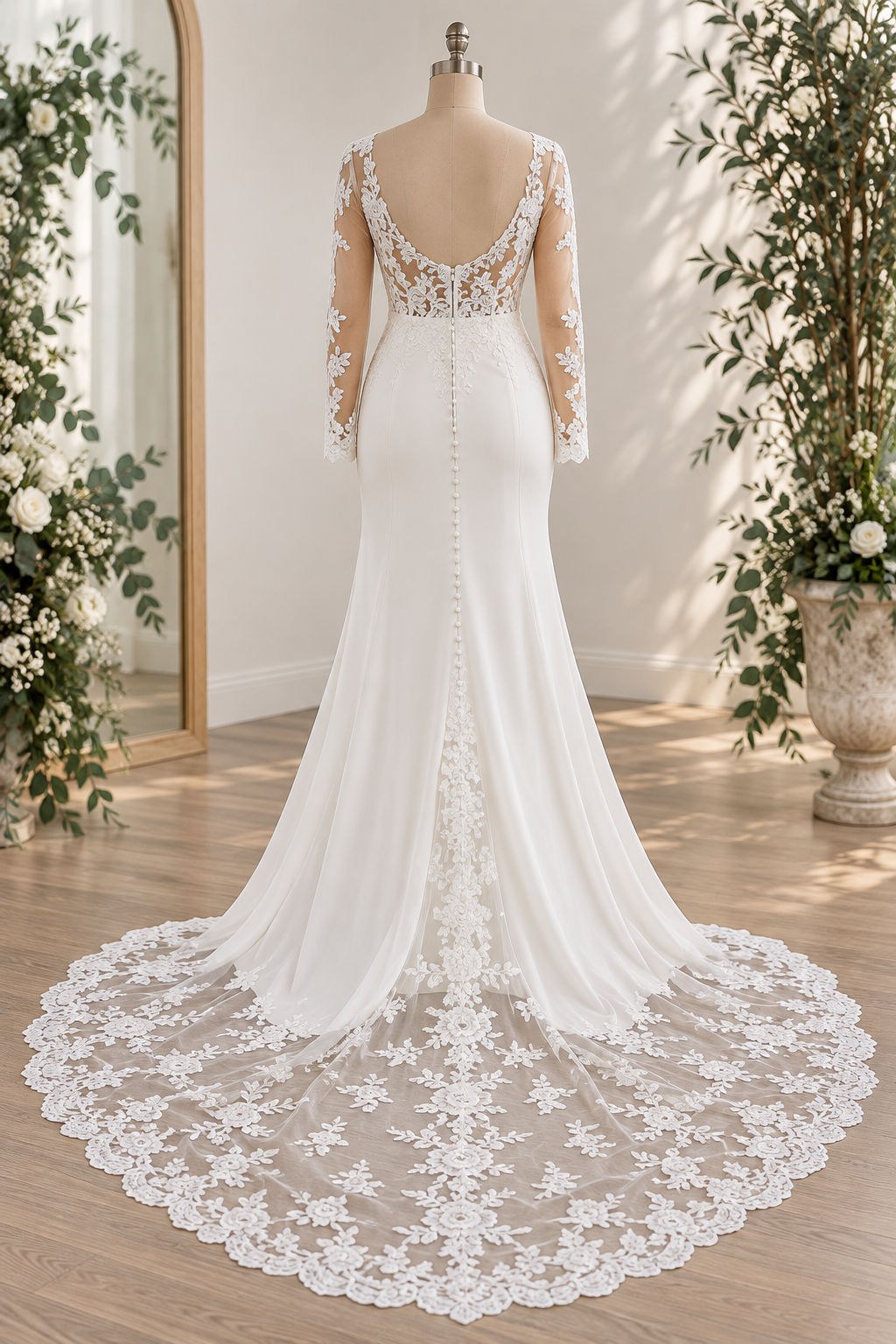 MARIZAAN An elegant off-white wedding dress featuring a delicate lace bodice with sheer lace sleeves, paired with a sleek crepe sheath skirt and a beautiful lace train.