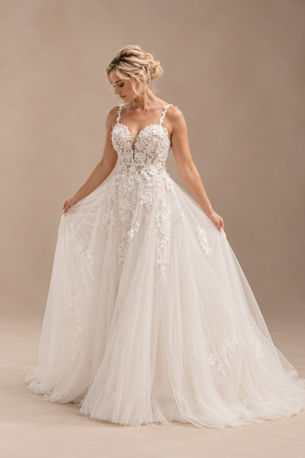 URSULA Elegant fitted crepe gown with a lace sweetheart bodice, flattering ruching, thigh-high slit and graceful train.