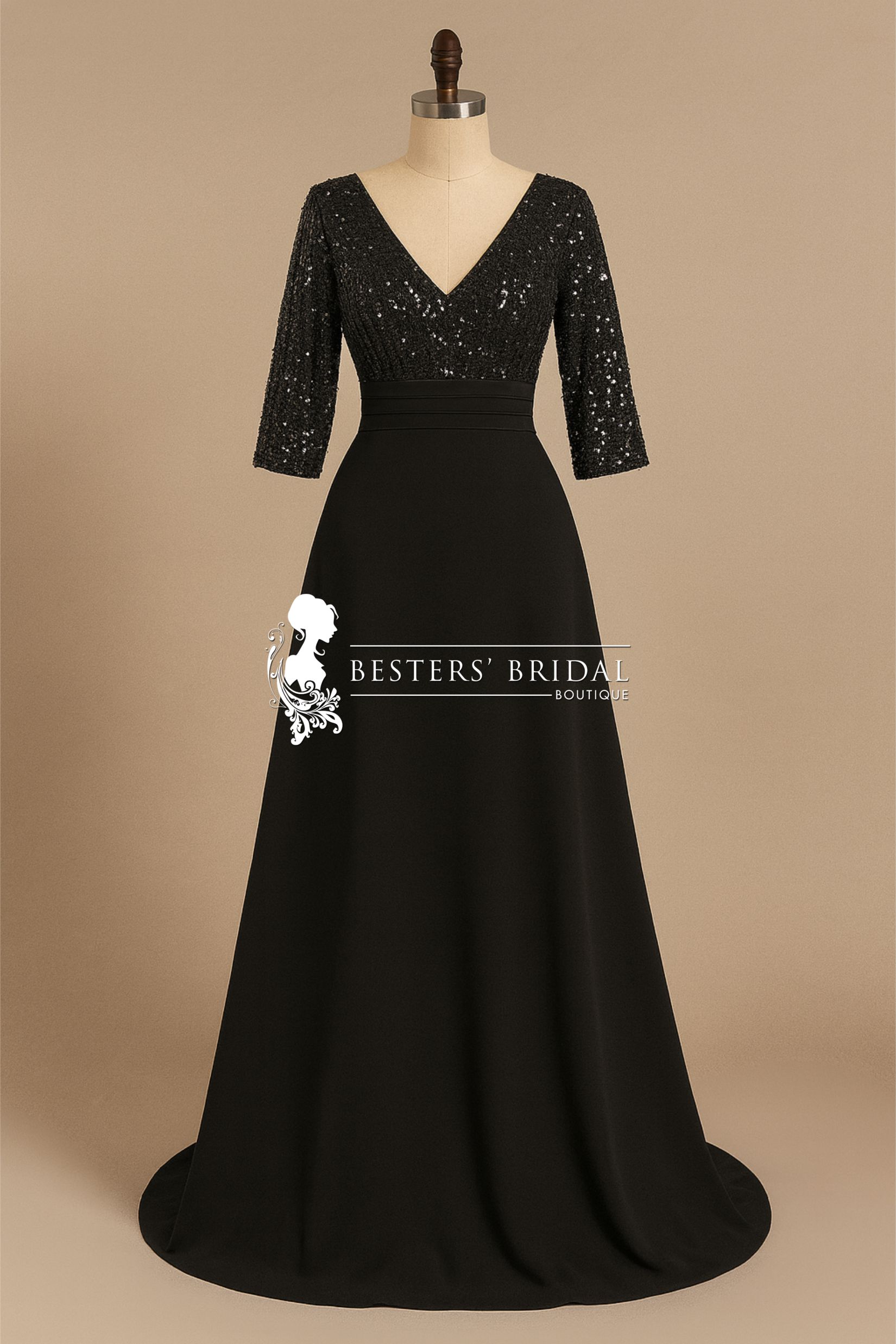 LUENA Sexy V Neck Sequin Evening Dress with 3/4 Sleeve