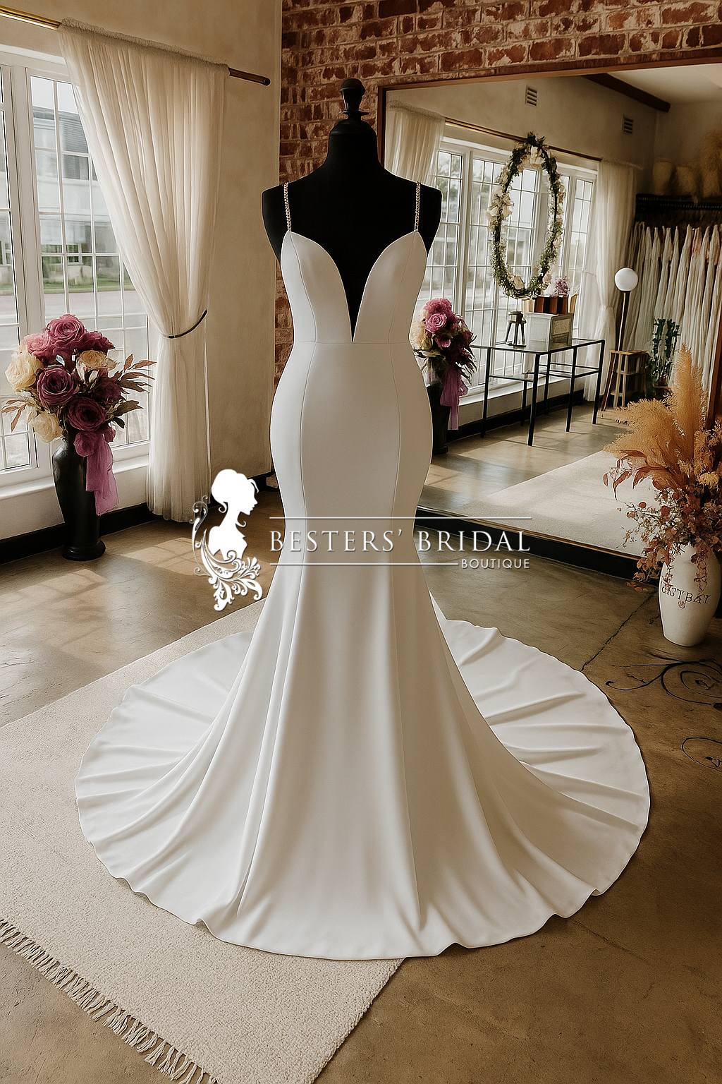 ZANELE Graceful. Confident. Unforgettable. The Zanele gown is a celebration of modern elegance — designed for the bride who wants to make a timeless statement. This figure-hugging bridal dress is crafted in your choice of luxurious crepe (matt) or Milano stretch satin (shiny), offering a smooth silhouette with the perfect blend of structure and comfort. Featuring a deep plunge neckline, spaghetti straps, and a flattering fit-and-flare skirt that flows into a romantic train, this gown embodies sophistication. The low V-back with a delicate button-down detail adds just the right touch of glamour from every angle.