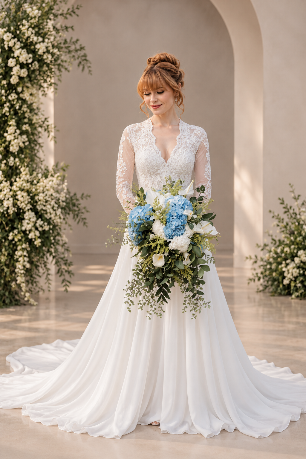 URSULA Elegant fitted crepe gown with a lace sweetheart bodice, flattering ruching, thigh-high slit and graceful train.