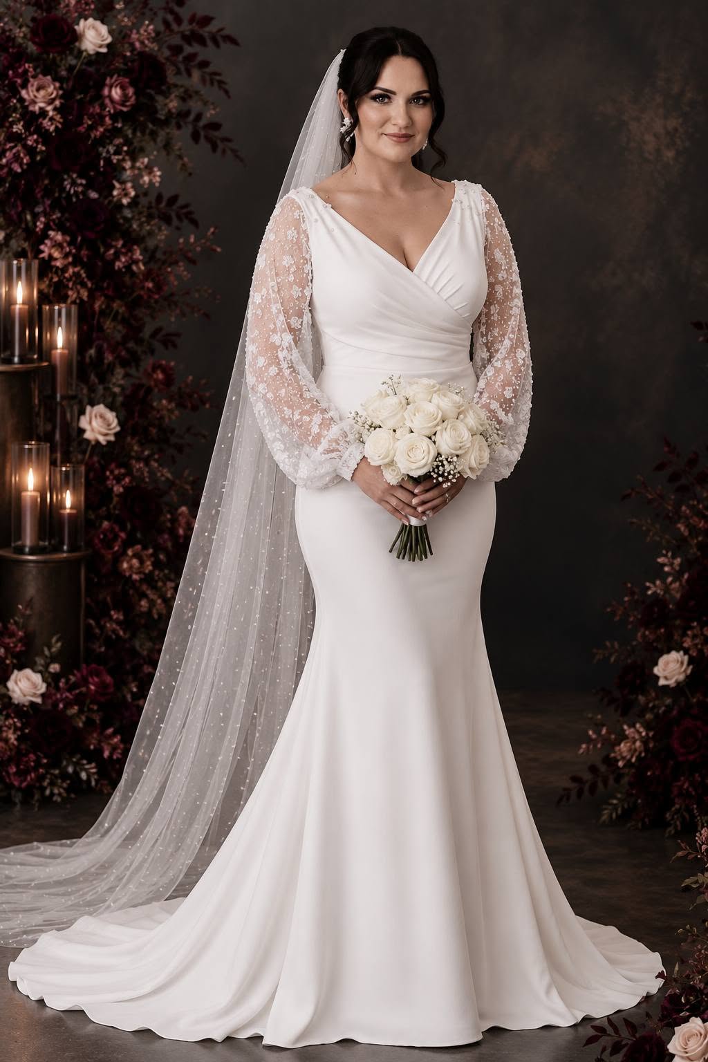 calpurnia Elegant off-white crepe and lace wedding dress with an illusion lace bodice and statement lace train.