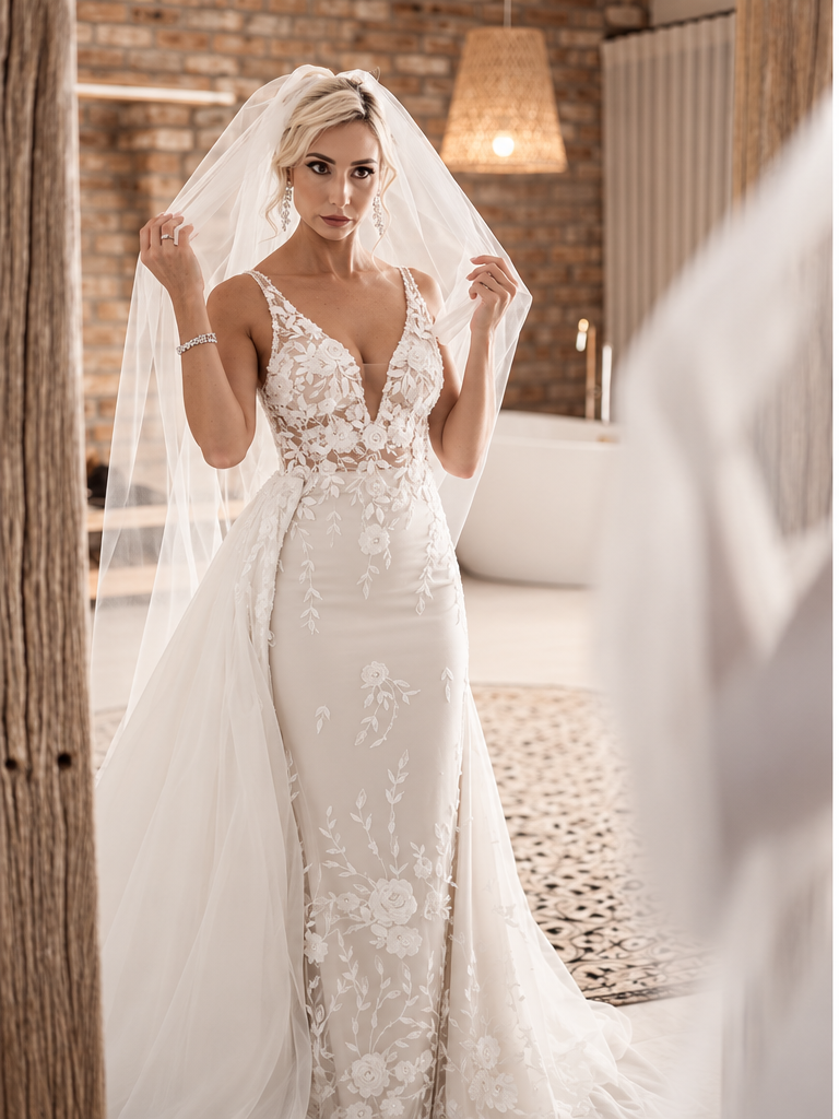 URSULA Elegant fitted crepe gown with a lace sweetheart bodice, flattering ruching, thigh-high slit and graceful train.
