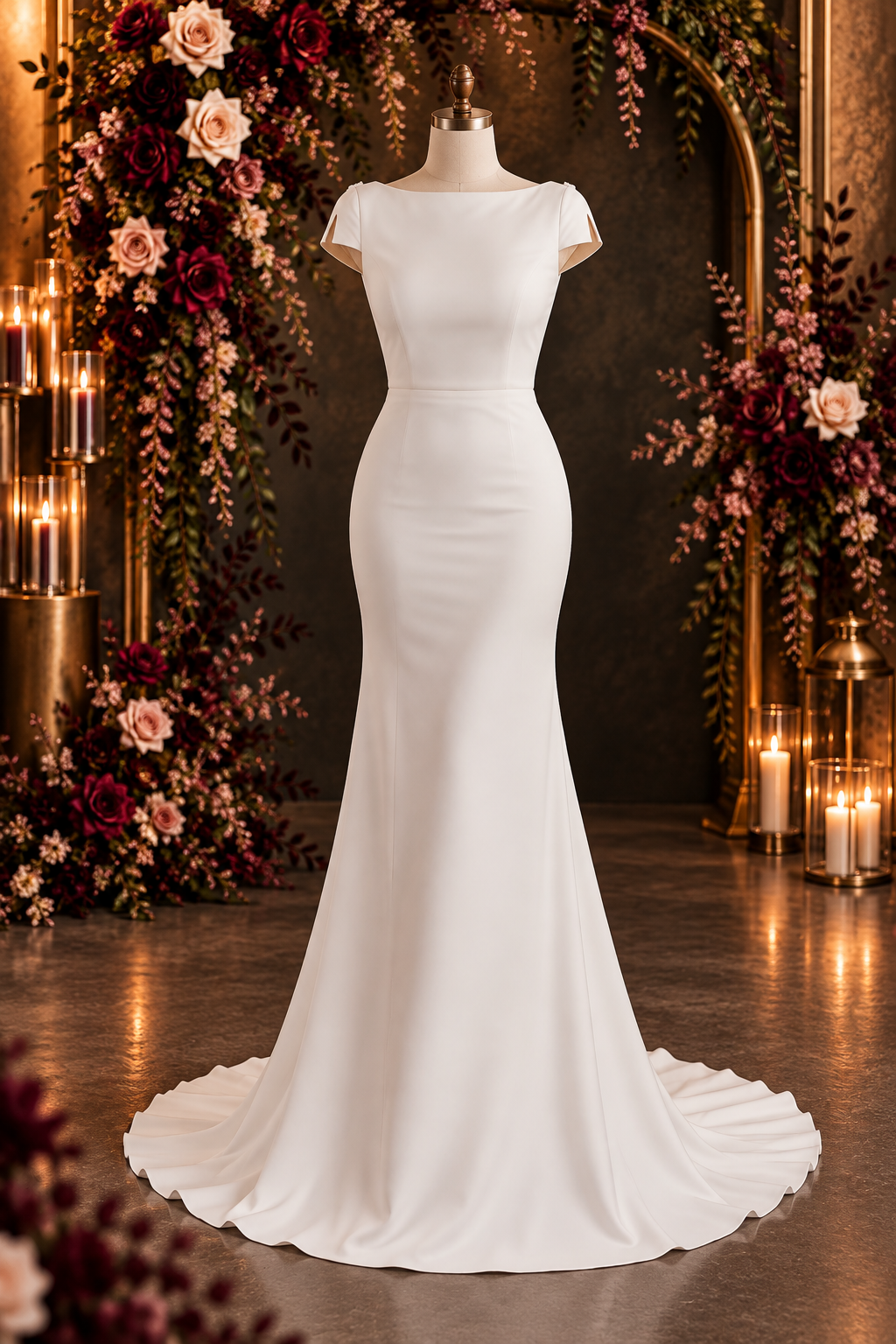 dominique Elegant off-white wedding dress featuring a structured crepe sweetheart bodice with statement shoulder ties and a full botanical lace A-line skirt with a beautiful flowing train.