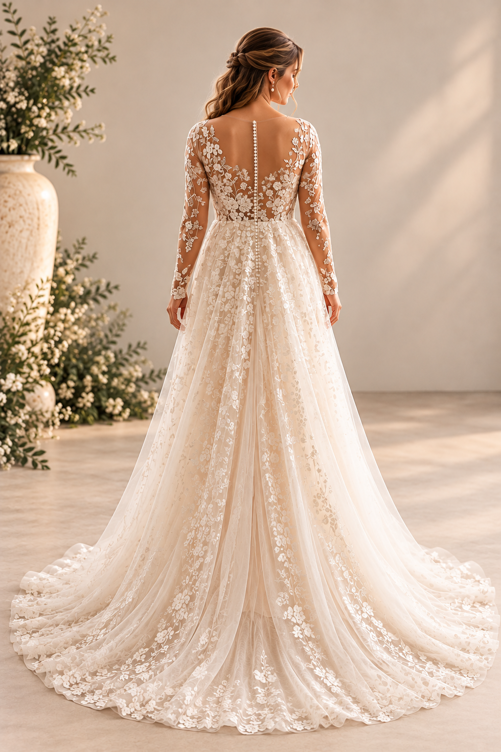 JOLENE A timeless mermaid wedding dress featuring a beautifully detailed lace bodice with a deep illusion V-neckline and delicate beaded straps. The sleek fitted silhouette flows effortlessly into a soft flared skirt and graceful lace-edged train