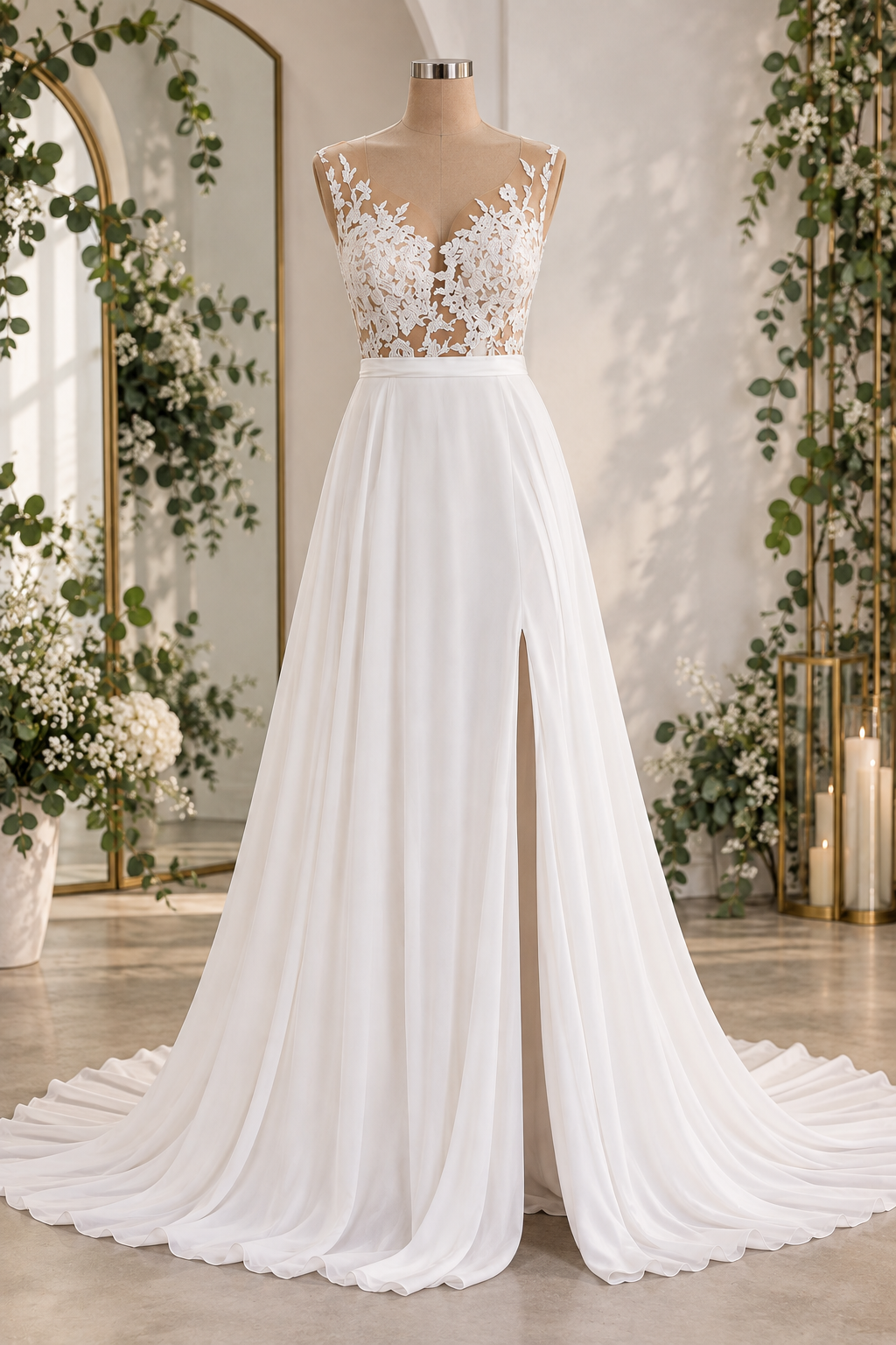 KYLIE Sheer Lace Bodice – A romantic illusion tulle bodice beautifully detailed with delicate floral lace appliqués and soft cap sleeves.