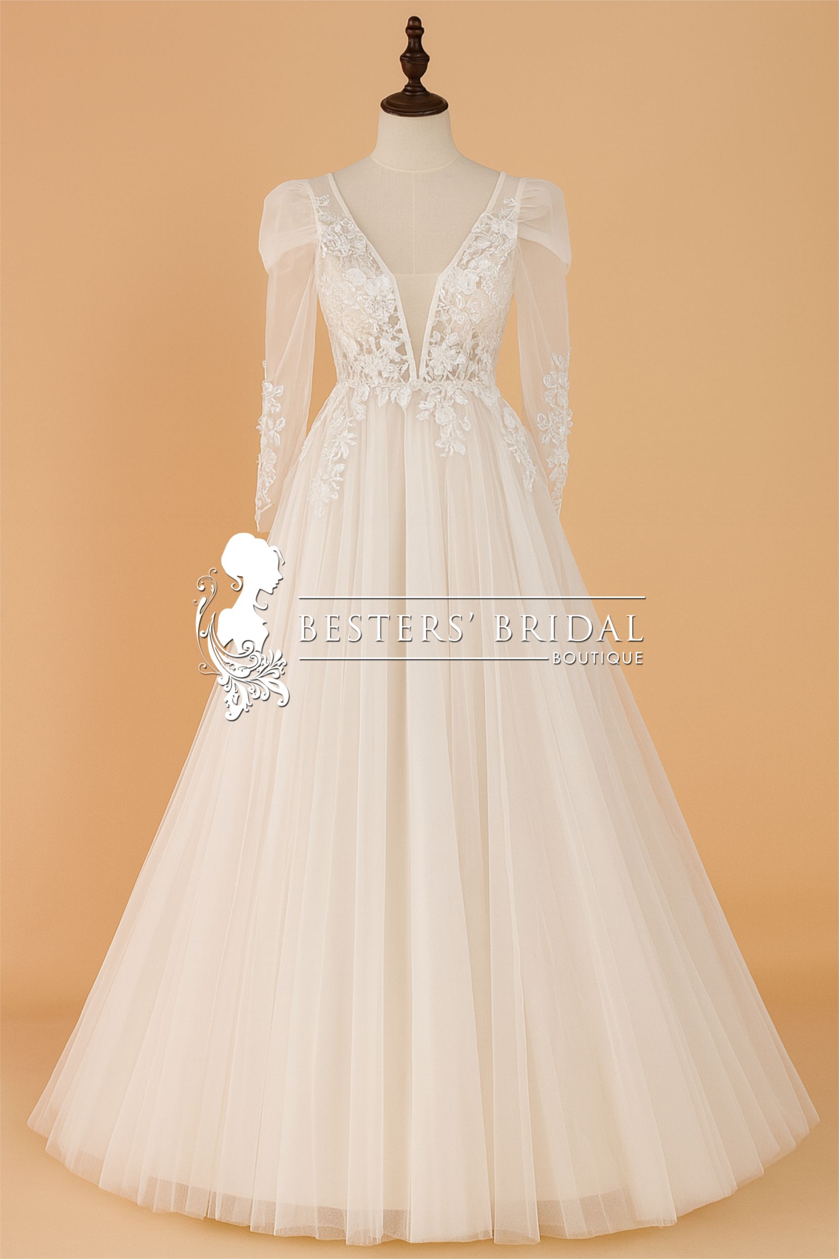 V Neck Leg of Mutton Sleeves Applique See-Through Wedding Dress