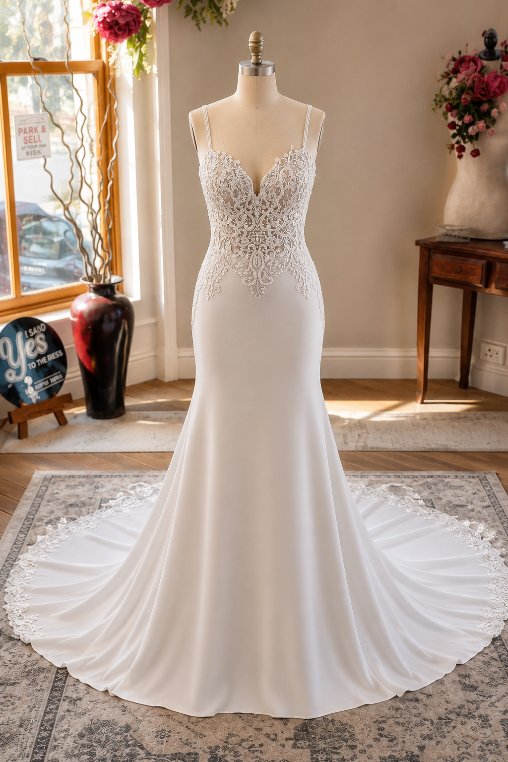 JOLENE A timeless mermaid wedding dress featuring a beautifully detailed lace bodice with a deep illusion V-neckline and delicate beaded straps. The sleek fitted silhouette flows effortlessly into a soft flared skirt and graceful lace-edged train
