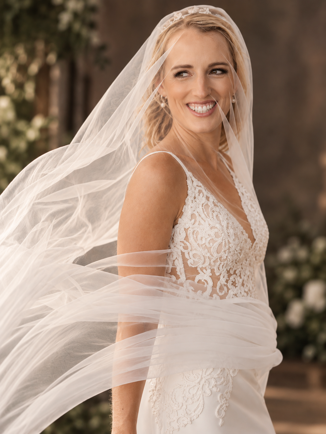 URSULA Elegant fitted crepe gown with a lace sweetheart bodice, flattering ruching, thigh-high slit and graceful train.