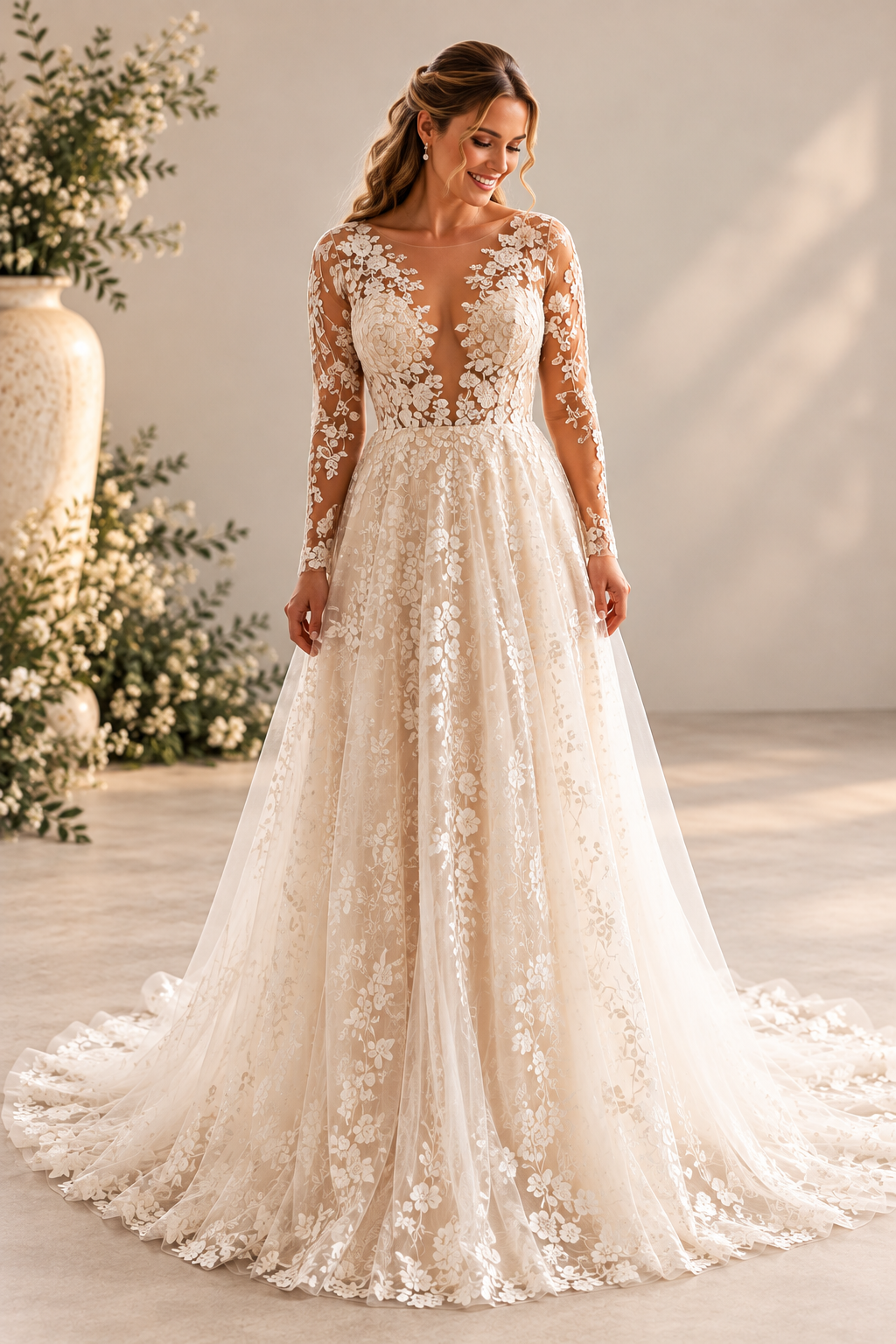 JOLENE A timeless mermaid wedding dress featuring a beautifully detailed lace bodice with a deep illusion V-neckline and delicate beaded straps. The sleek fitted silhouette flows effortlessly into a soft flared skirt and graceful lace-edged train