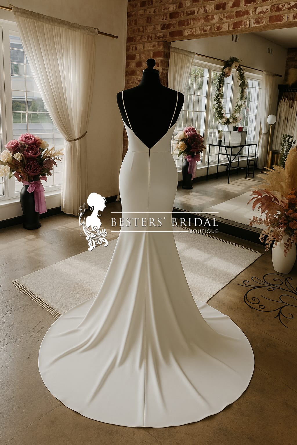 NALEDI Gracefully minimal. Powerfully striking.  The Naledi gown — meaning star in Sesotho — is designed for the modern bride who desires understated glamour with timeless sophistication. Crafted in your choice of luxurious crepe or Milano stretch satin, this gown hugs the body with a sculpted silhouette that enhances every curve.  A soft cowl neckline with delicate spaghetti straps flows into a flattering mermaid skirt, offering just the right amount of drama. The low open back and subtle embroidered floral appliqué at the waist add a romantic and sensual finish to this effortlessly elegant gown.