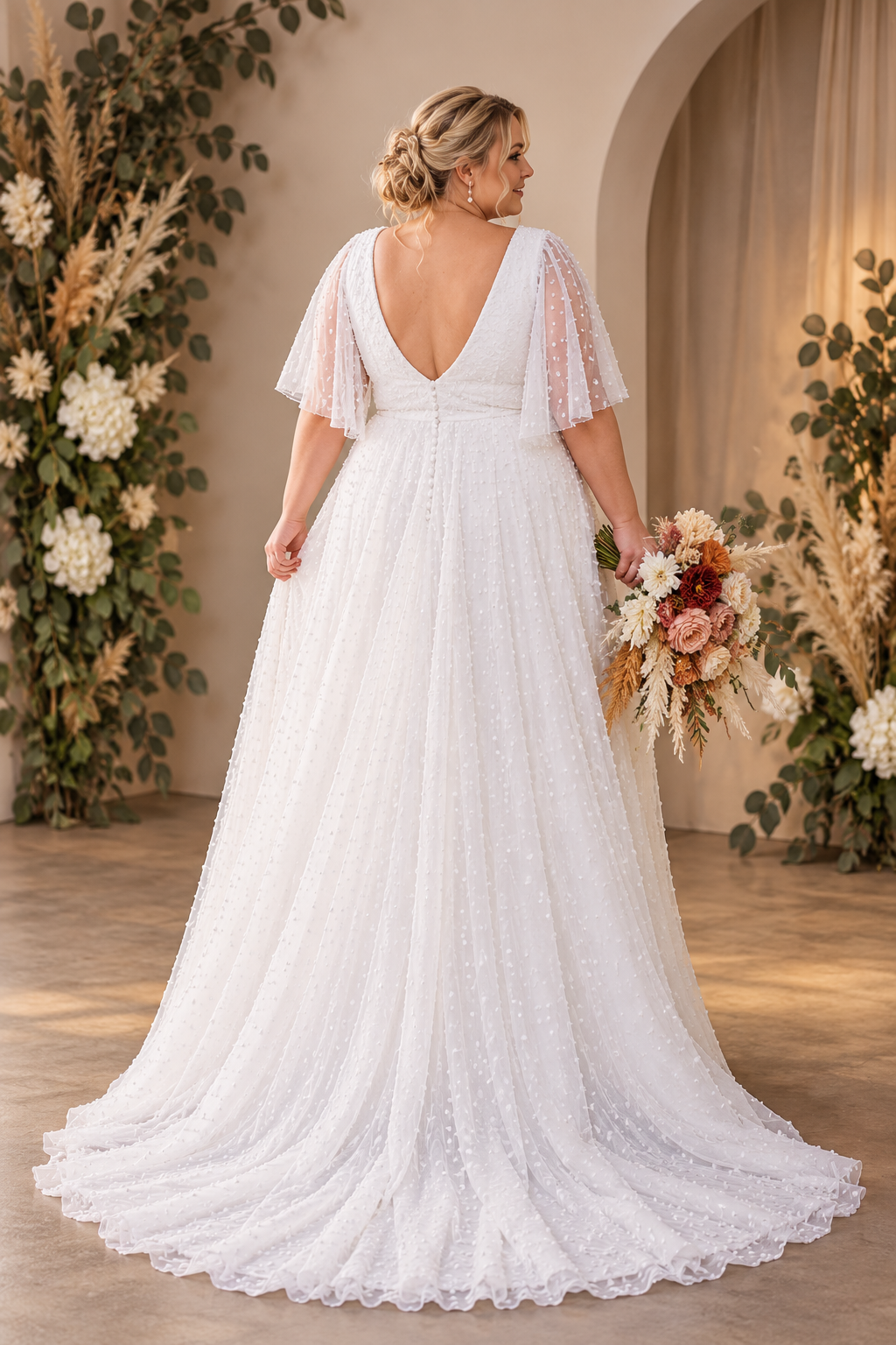 URSULA Elegant fitted crepe gown with a lace sweetheart bodice, flattering ruching, thigh-high slit and graceful train.
