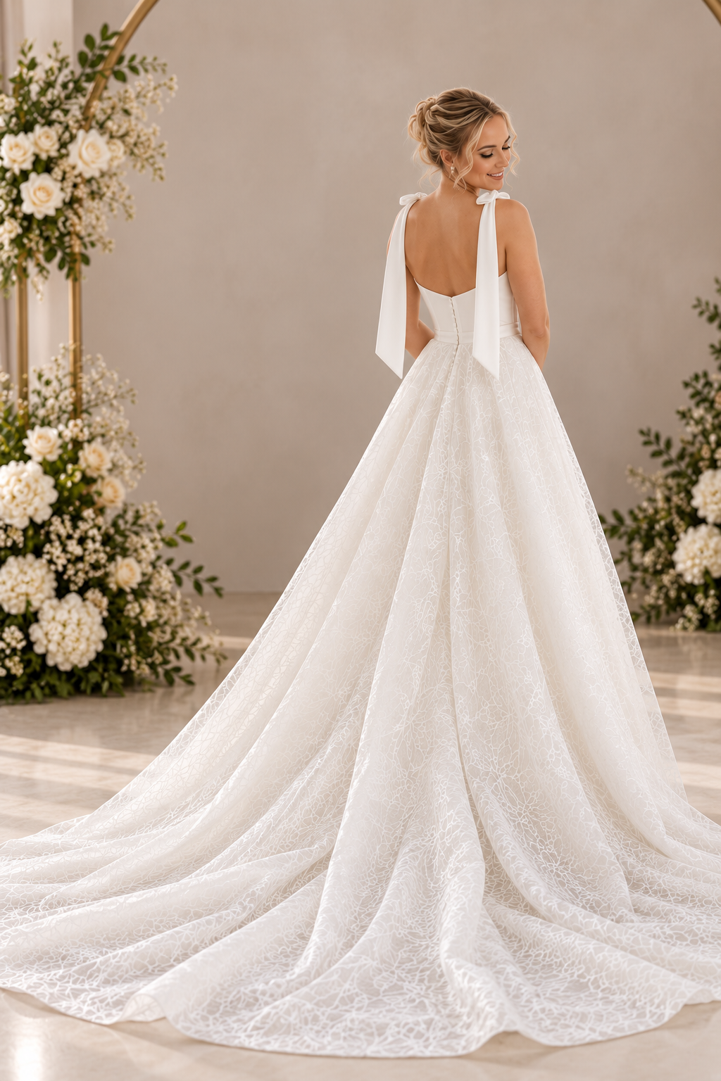 dominique Elegant off-white wedding dress featuring a structured crepe sweetheart bodice with statement shoulder ties and a full botanical lace A-line skirt with a beautiful flowing train.