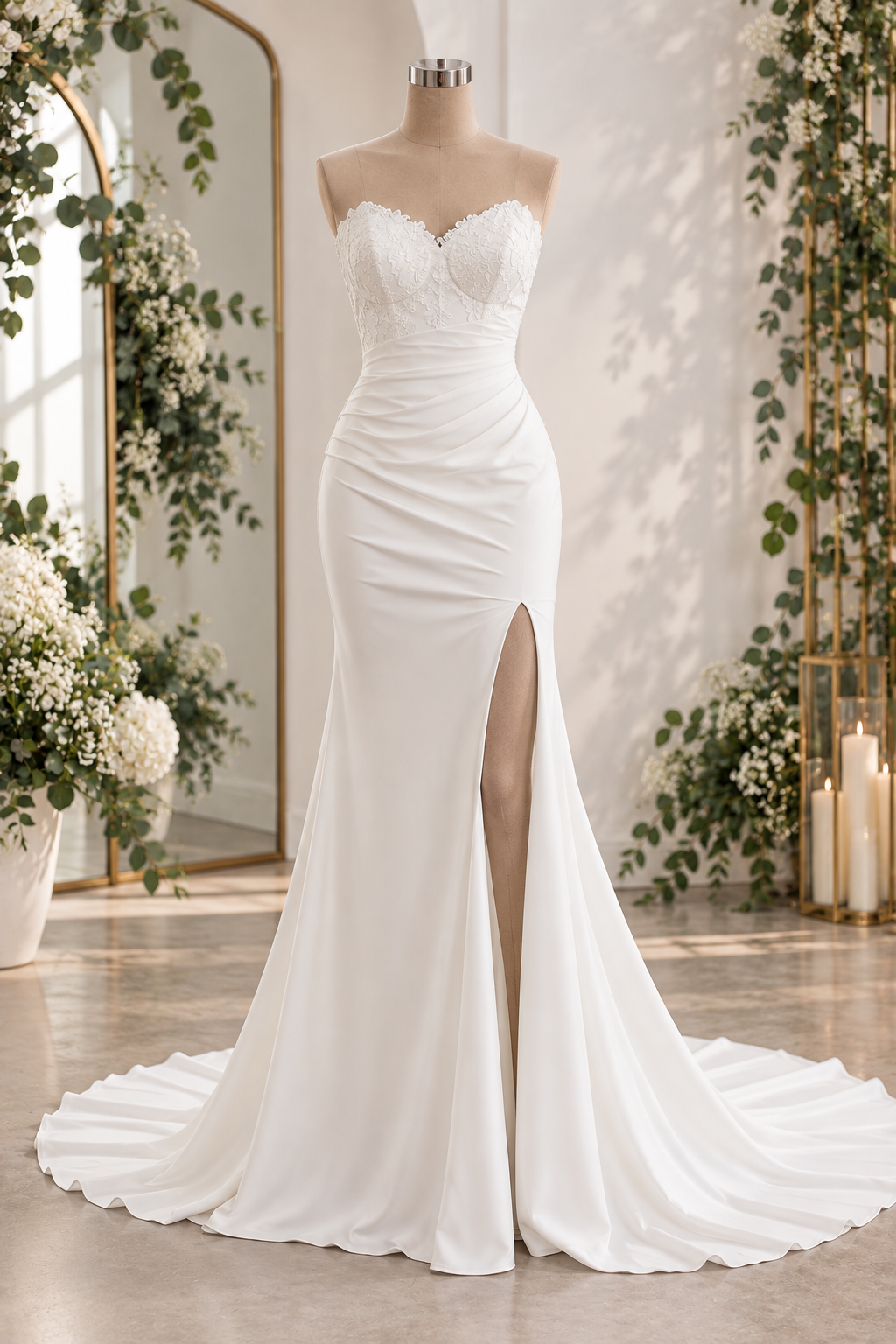 URSULA Elegant fitted crepe gown with a lace sweetheart bodice, flattering ruching, thigh-high slit and graceful train.