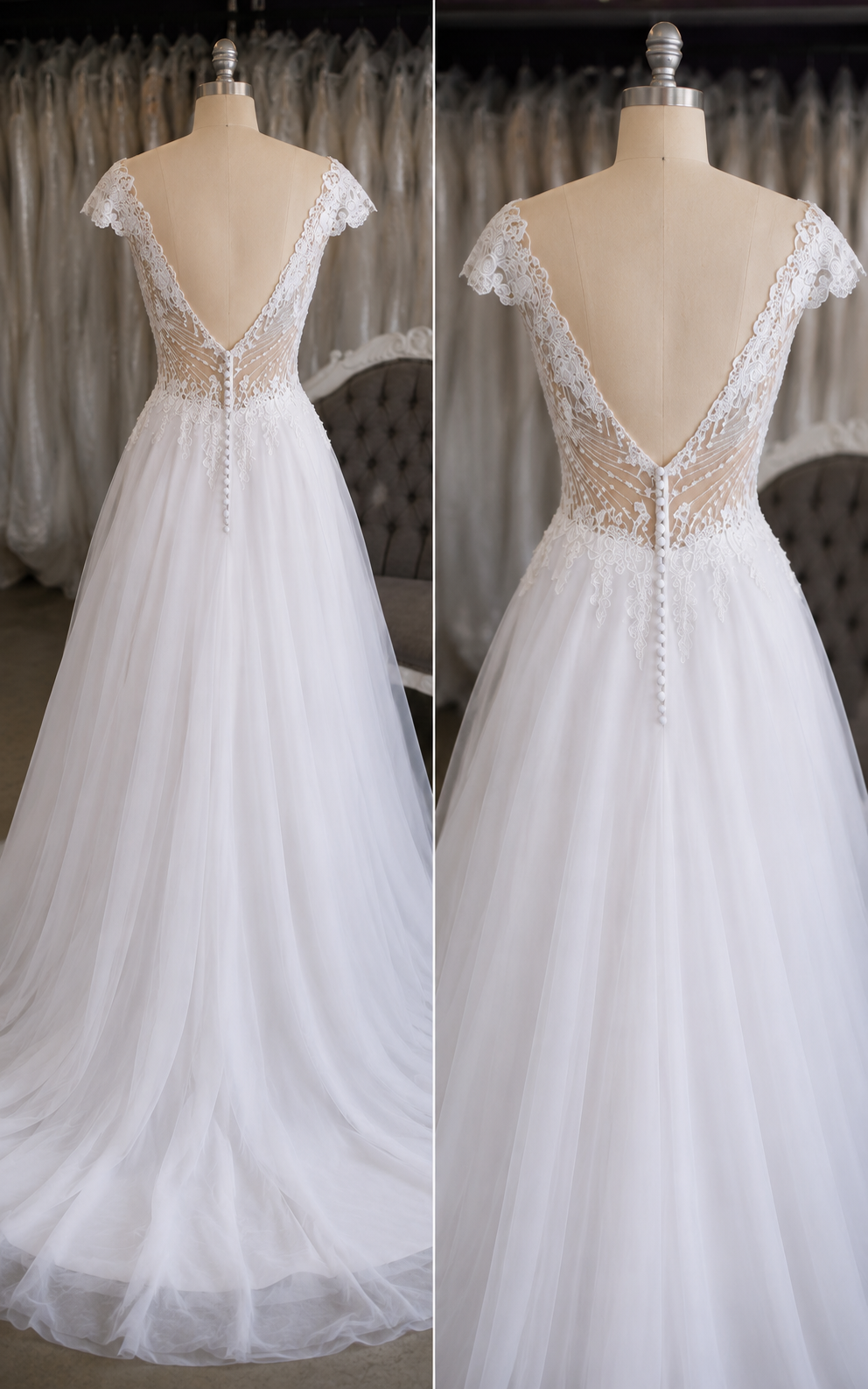 STEPHANIE Romantic A-line bridal gown featuring a delicate illusion lace bodice with an elegant deep V-neckline and cap sleeves. 