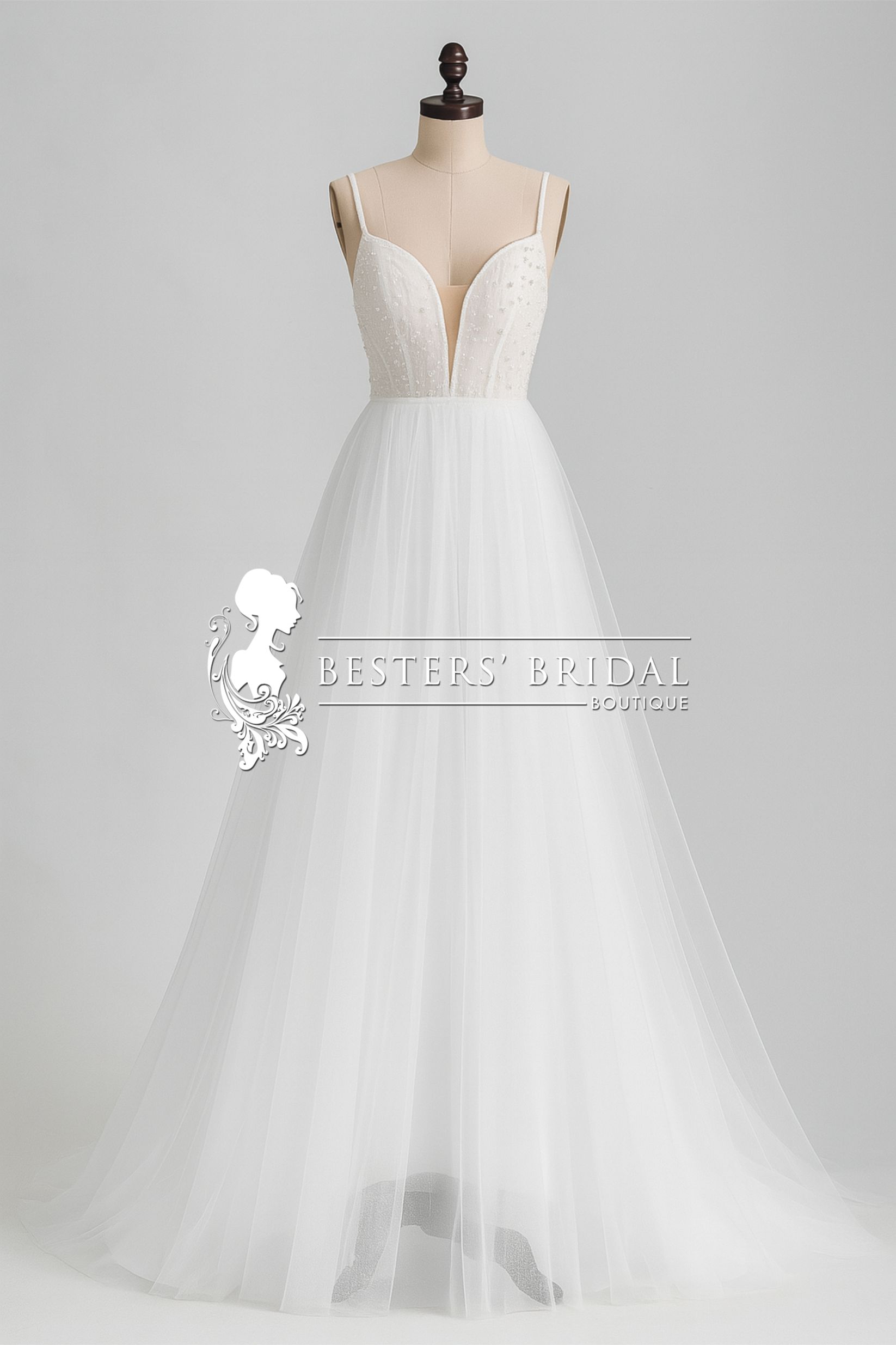 V-Neck A-Line Wedding Dress featuring Delicate Pearl Accents