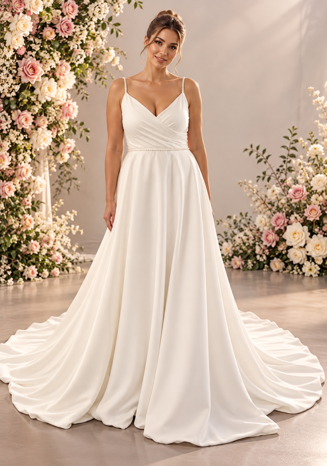 URSULA Elegant fitted crepe gown with a lace sweetheart bodice, flattering ruching, thigh-high slit and graceful train.
