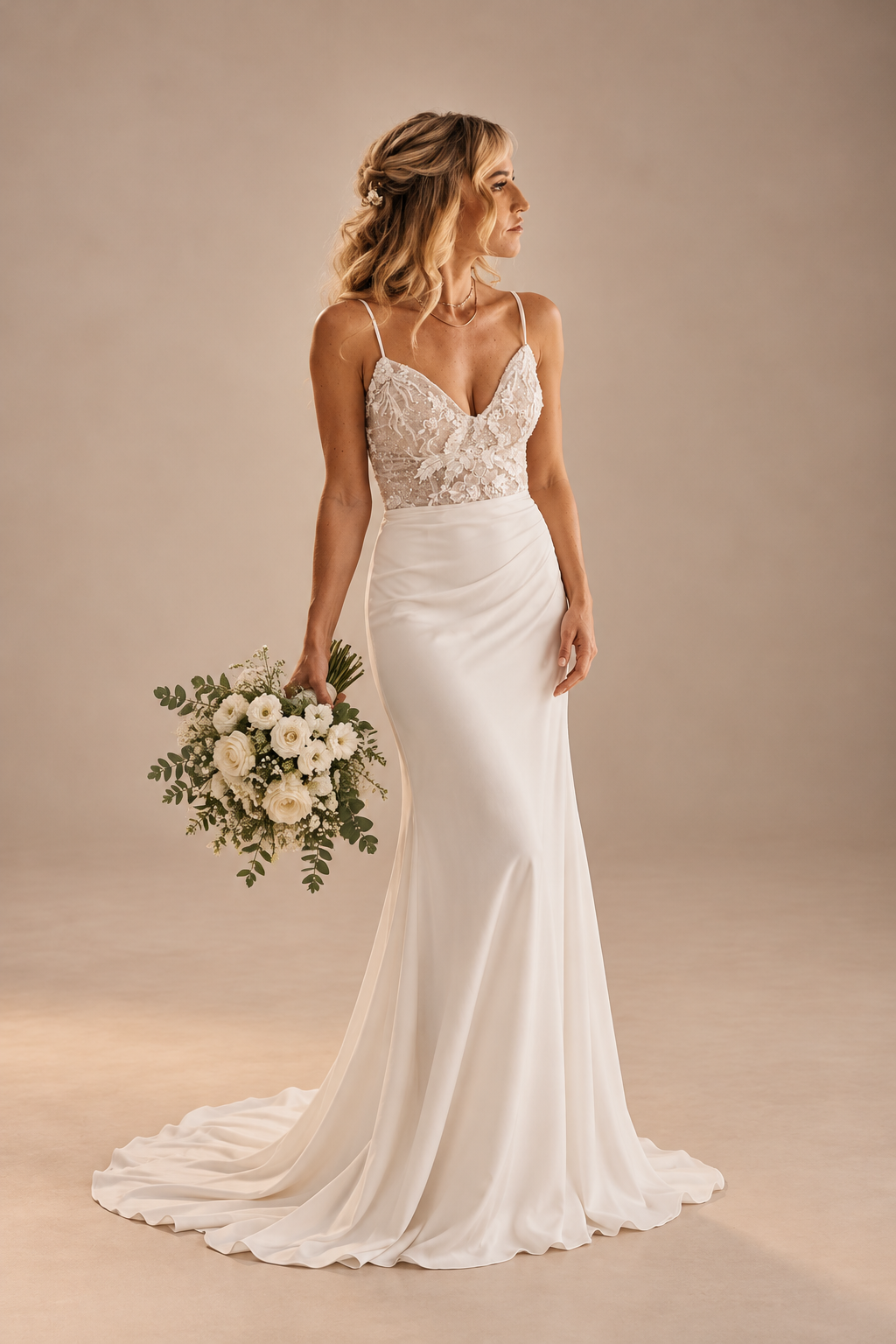 JOLENE A timeless mermaid wedding dress featuring a beautifully detailed lace bodice with a deep illusion V-neckline and delicate beaded straps. The sleek fitted silhouette flows effortlessly into a soft flared skirt and graceful lace-edged train