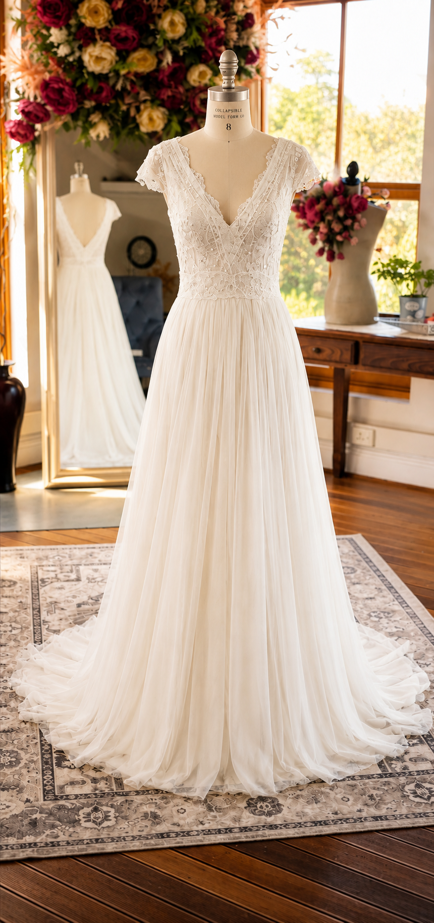 JANINE A timeless bridal gown featuring a beautifully detailed lace bodice with a deep V-neckline, delicate cap sleeves, and a soft flowing chiffon skirt.