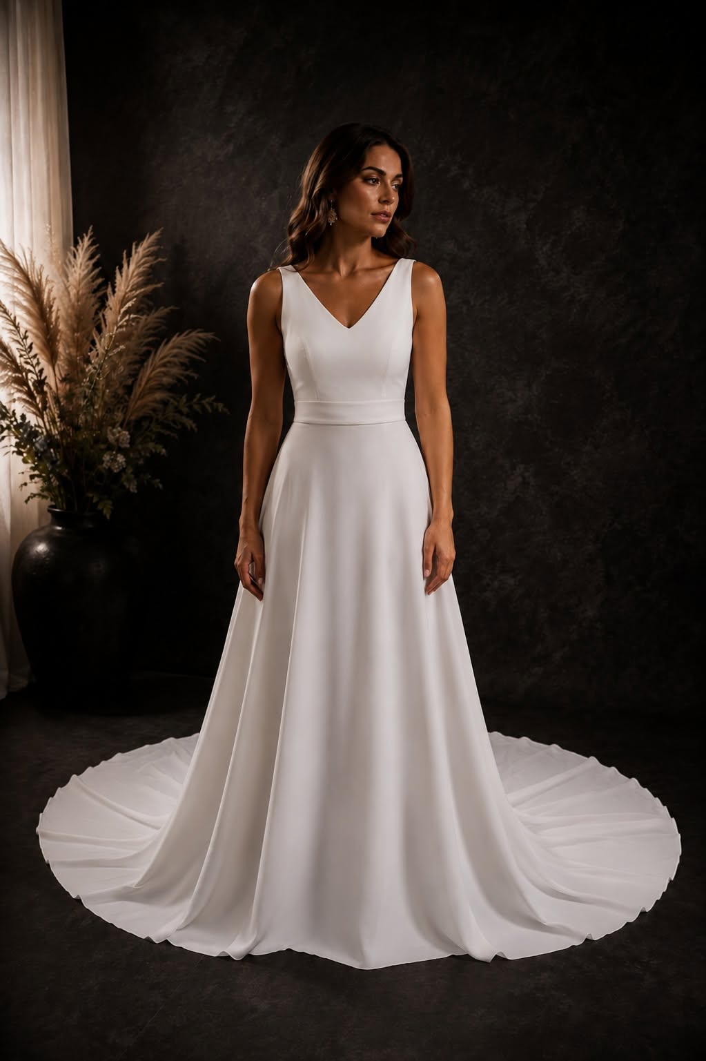 **Anzel – White Crepe & Lace Wedding Dress** An elegant white crepe A-line wedding dress featuring a classic V-neckline, delicate lace V-back and a beautiful long lace-edged train. 🤍
