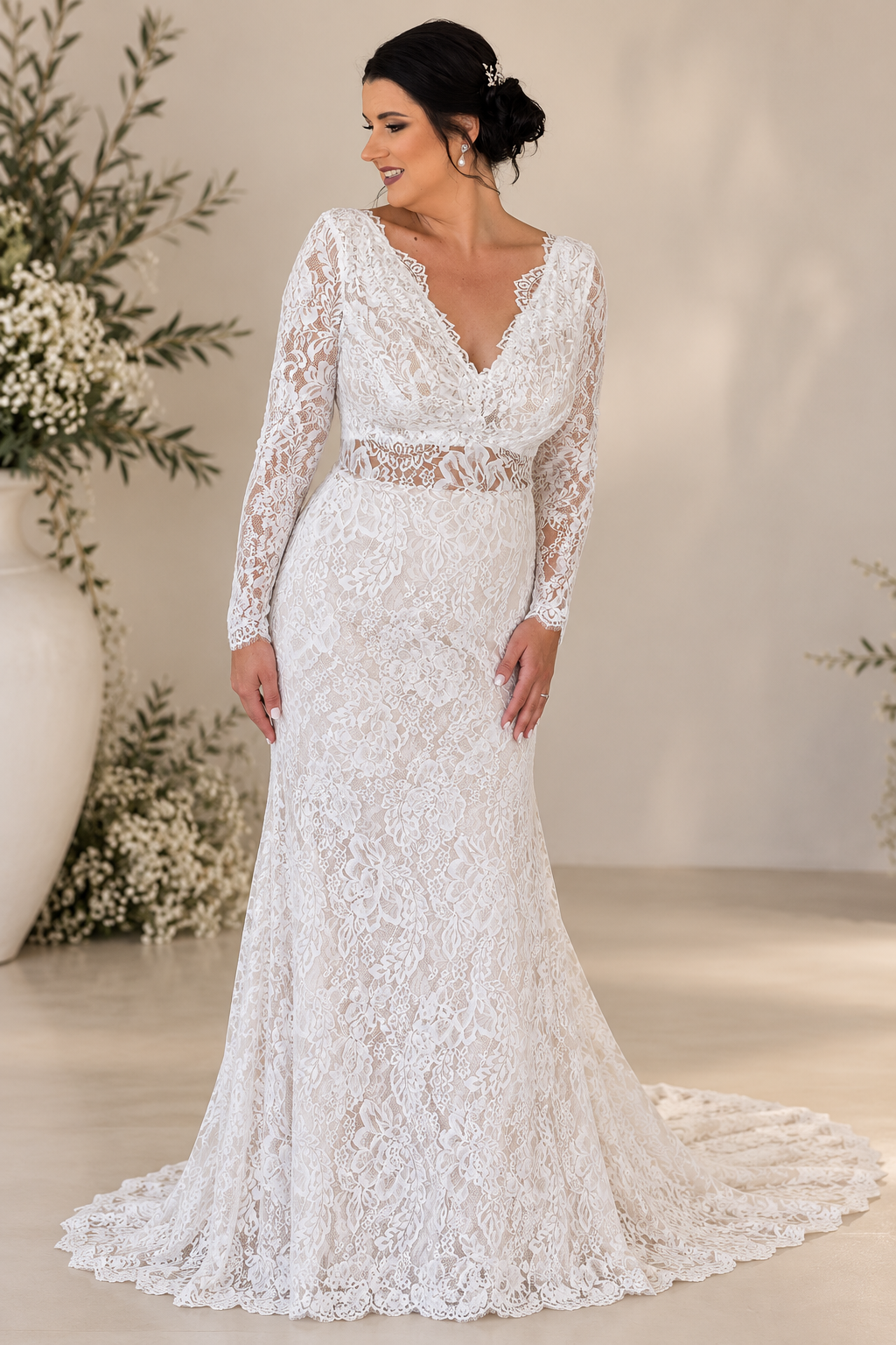 URSULA Elegant fitted crepe gown with a lace sweetheart bodice, flattering ruching, thigh-high slit and graceful train.